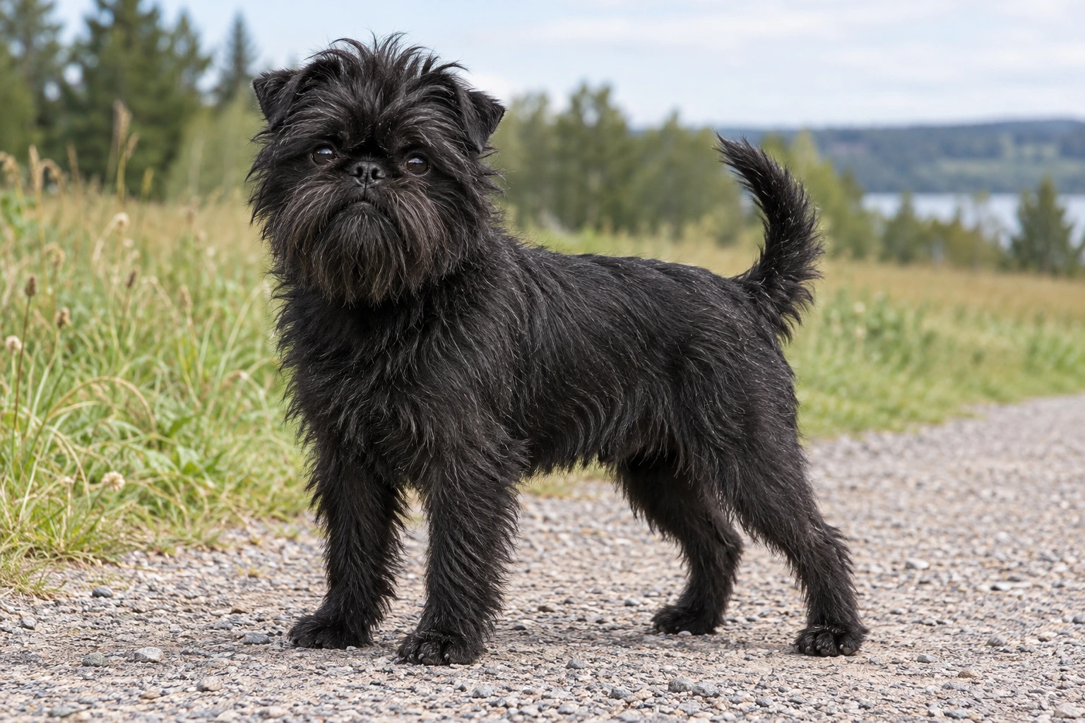 Sort Affenpinscher med strid pels og karakteristisk ansigtsbehåring står på en sti.