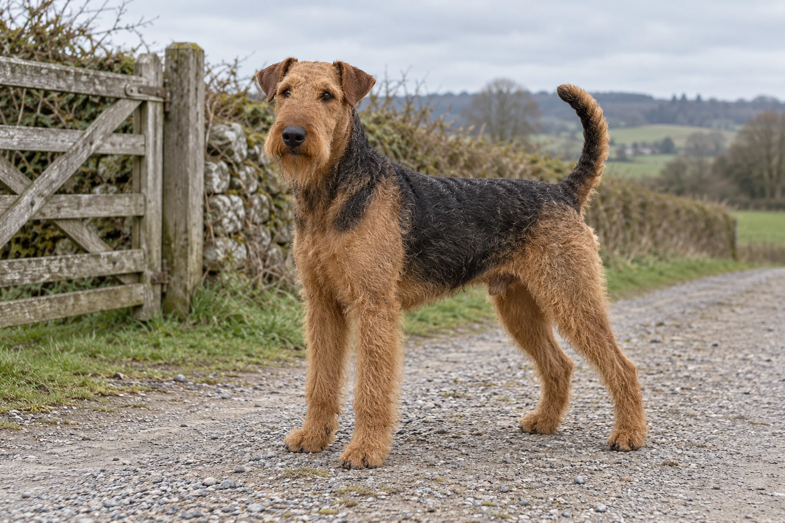 Sort og tan Airedale Terrier med ru pels og skæg står på en grussti ved en træport.