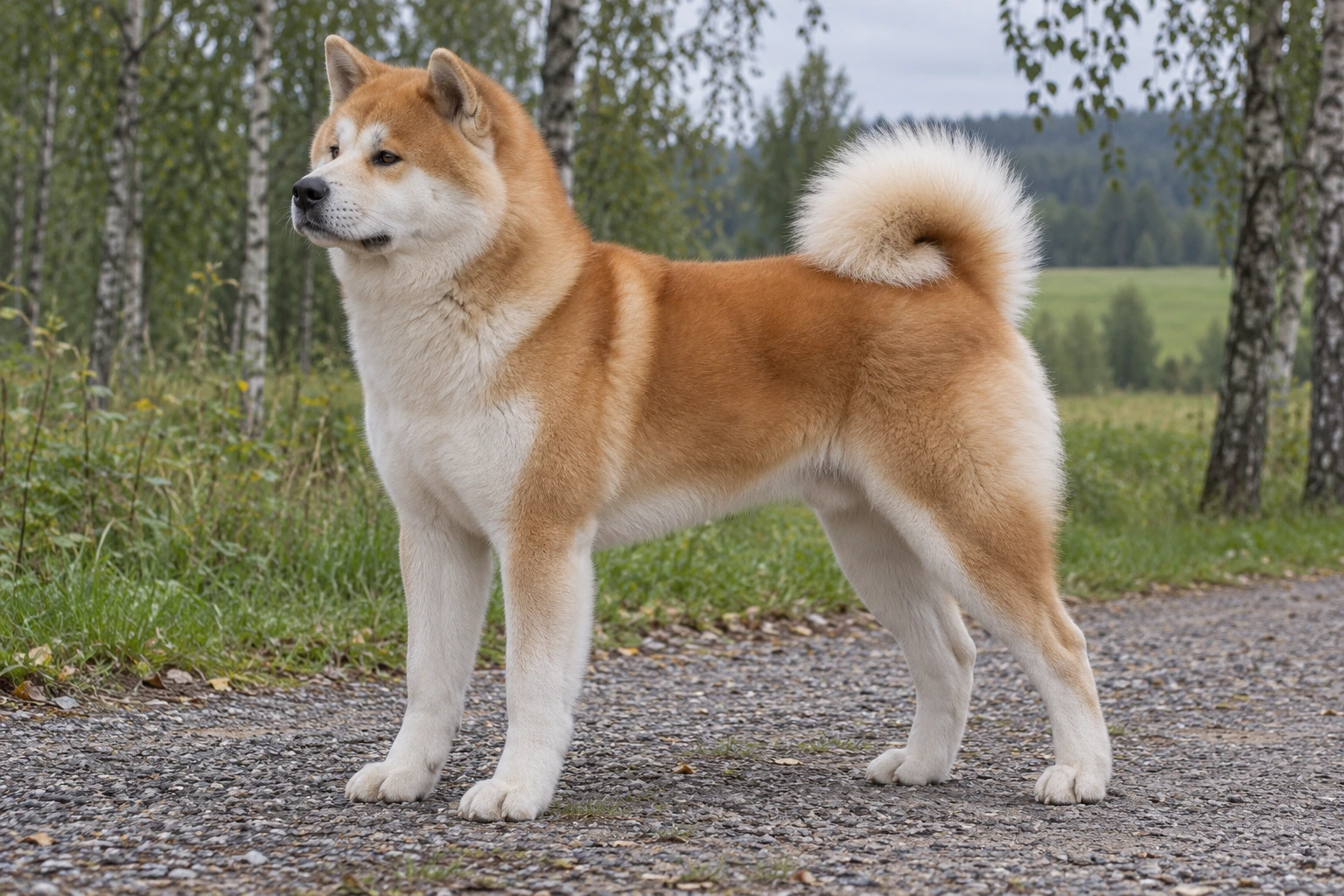 Rød fawn Akita med hvid urajiro, opretstående ører og krøllet hale står på en skovsti.
