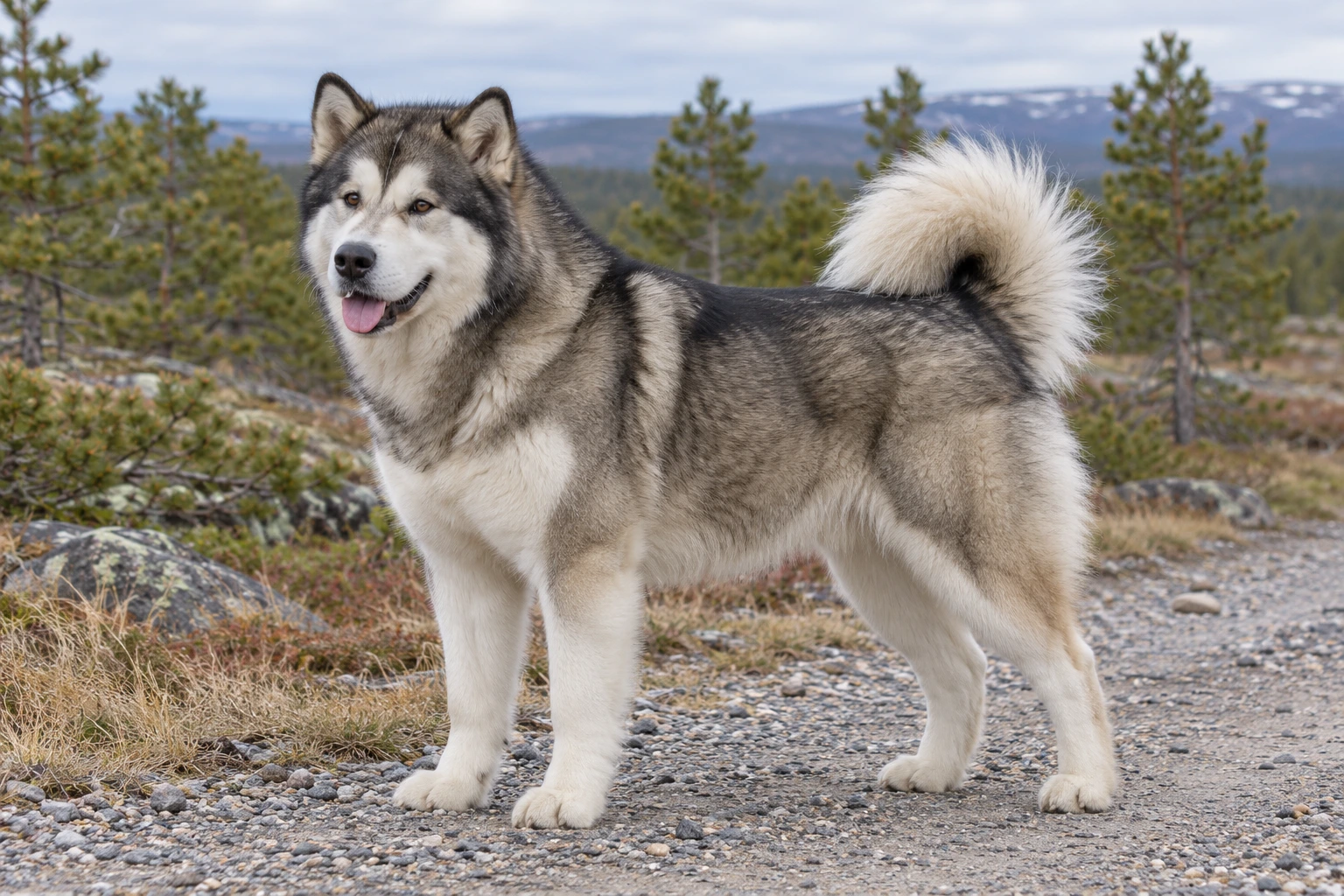 Grå-hvid Alaskan Malamute med brune øjne og fyldig halefane står på en grussti.