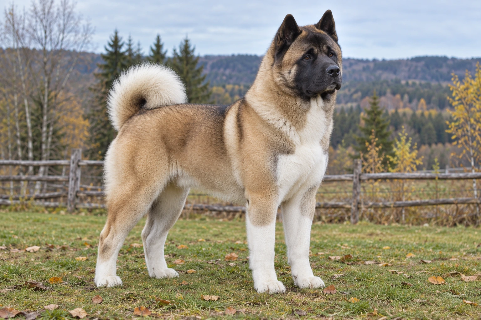 Fawn-hvid American Akita med sort maske og tæt halekrølle står på græs ved et hegn.