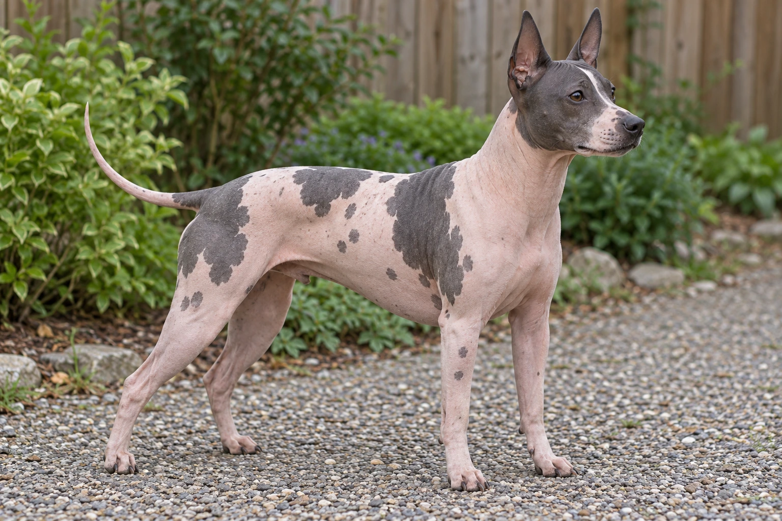 Voksen hårløs American Hairless Terrier med mørke hudpletter, naturlige ståører og fuld lang hale