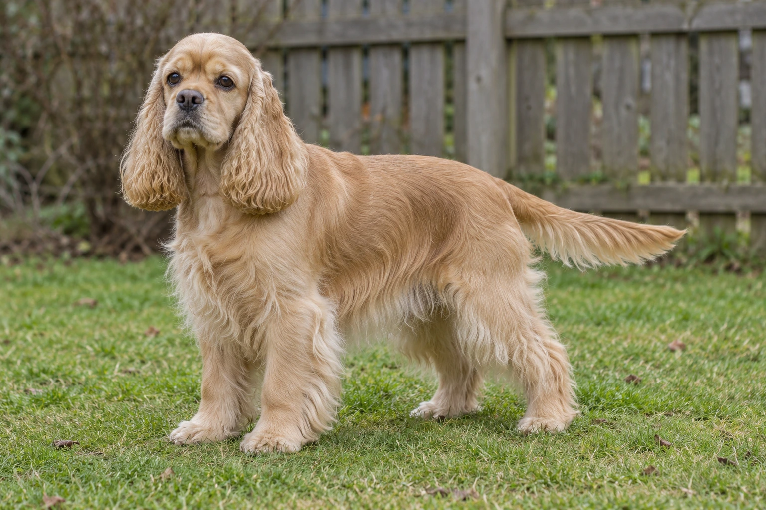 Bufffarvet Amerikansk Cocker Spaniel med silkeagtige ører står i en have.