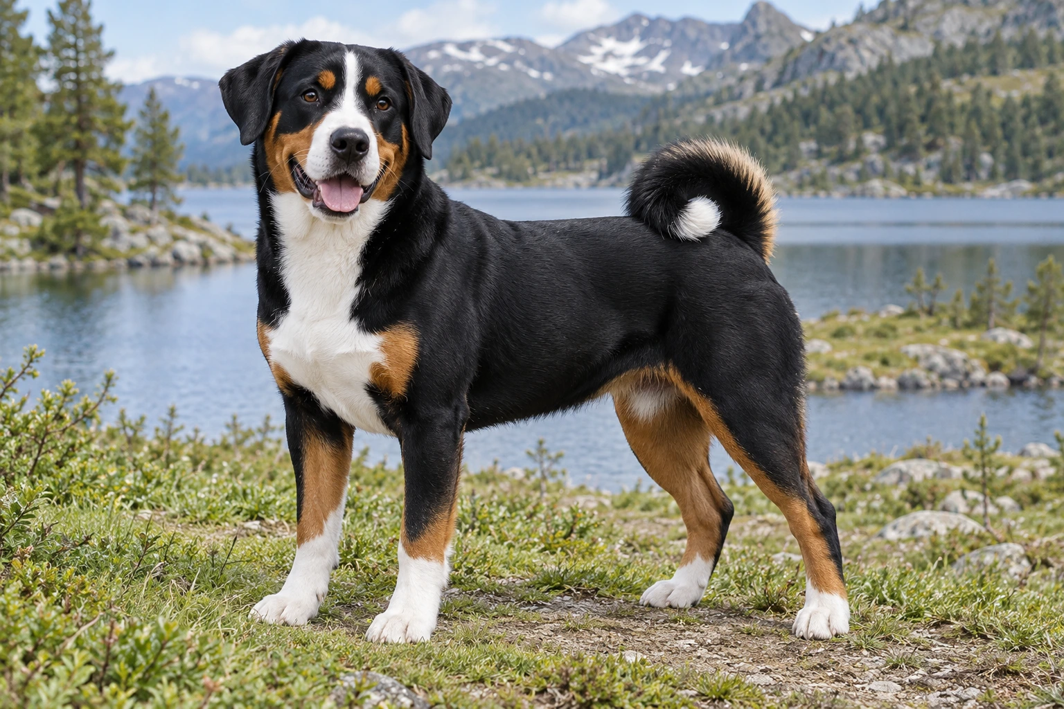 Voksen trefarvet Appenzeller Sennenhund med tæt krøllet ringhale ved en sø