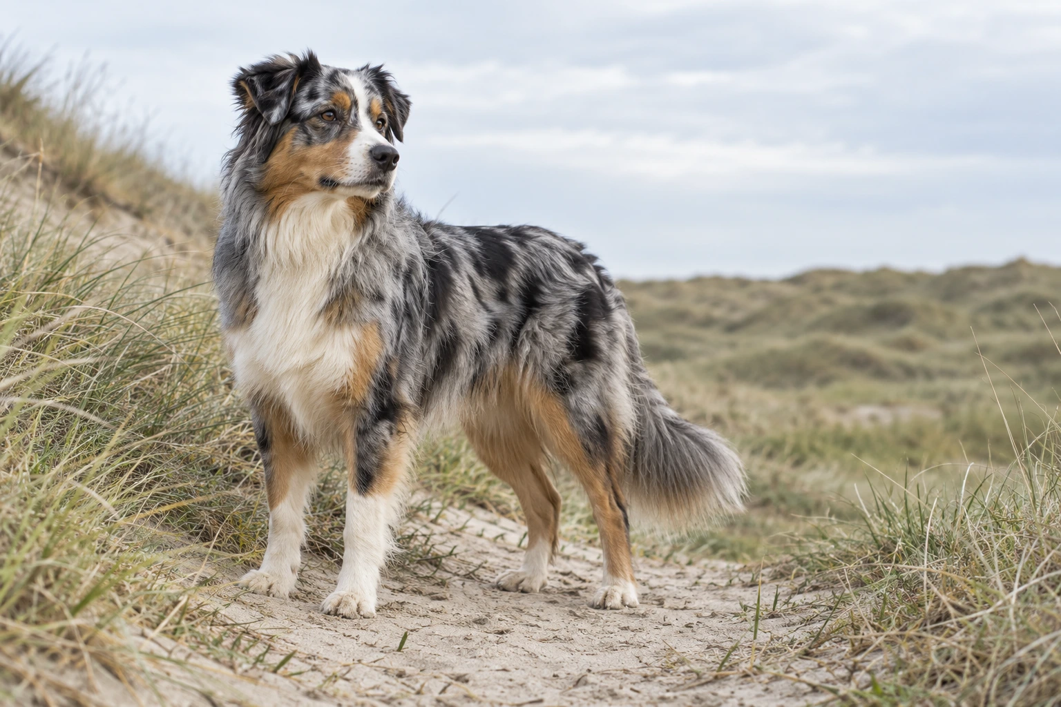 Blue merle voksen Australian Shepherd står på en klitsti
