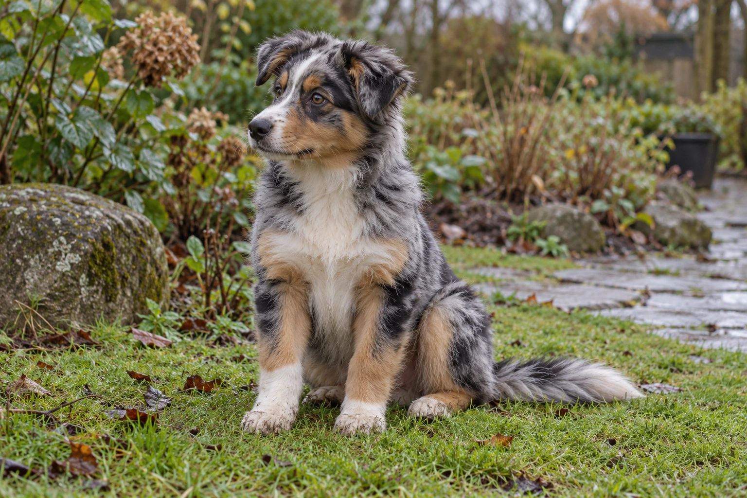 Hvalp af racen Australian Shepherd, ca. 12 uger, i et nordisk hverdagsmiljø