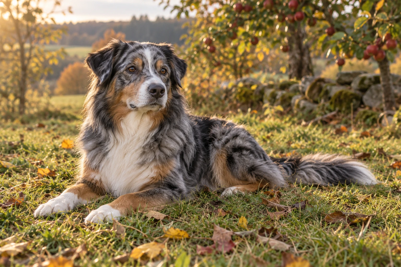 Senior af racen Australian Shepherd, ca. 10 år, i et nordisk hverdagsmiljø