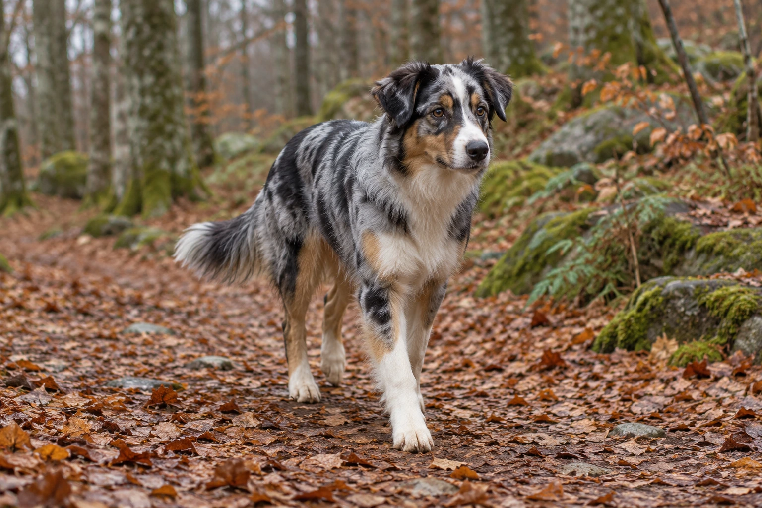 Unghund af racen Australian Shepherd, ca. 9 måneder, i et nordisk hverdagsmiljø
