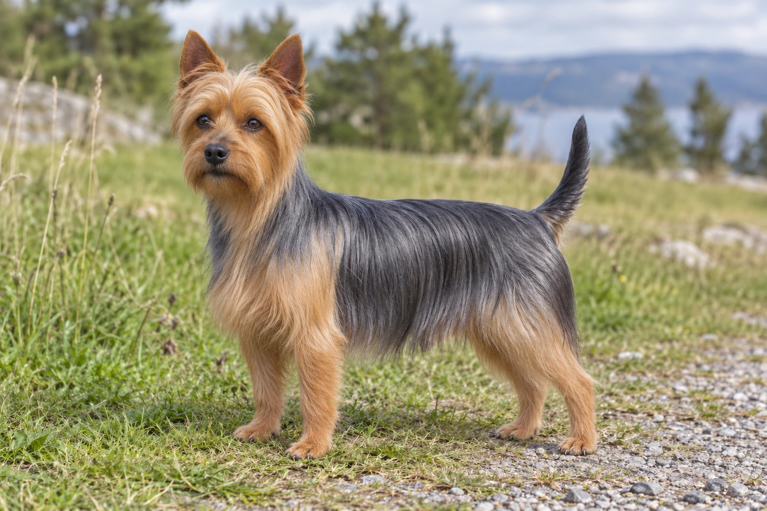 Blå og tan Australian Silky Terrier med silkeagtig pels og oprette ører står ved en sti.