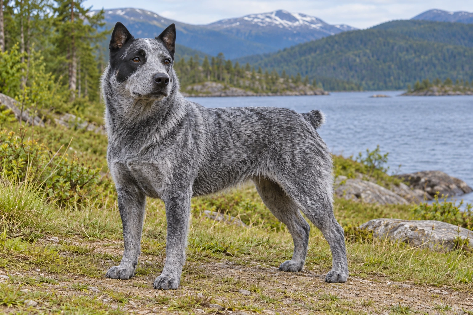 Voksen blåmeleret Australian Stumpy Tail Cattle Dog med naturlig kort hale på en natursti