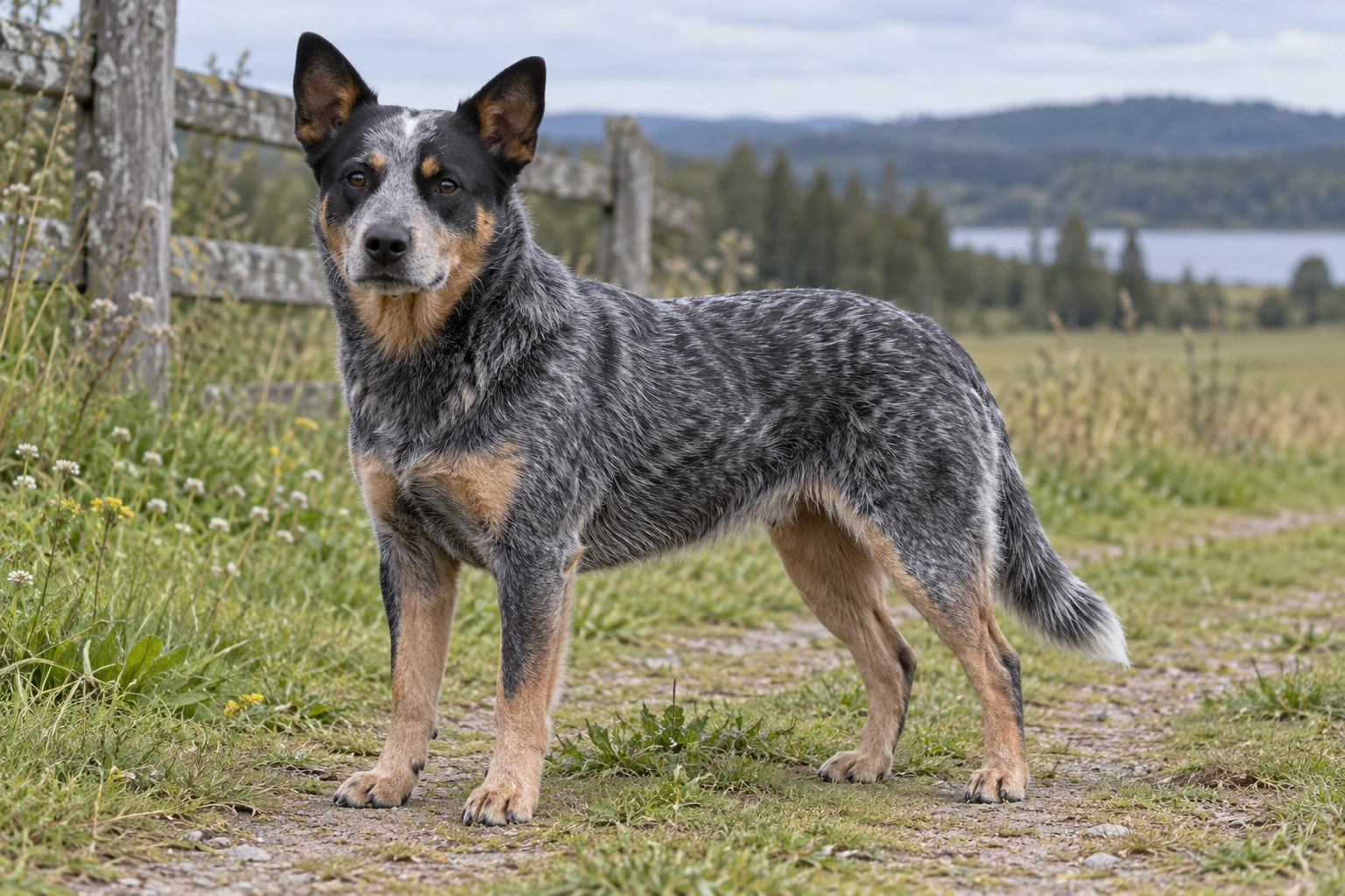 Blåspættet Australsk Cattledog med tan-aftegninger står på en græsset gårdsti.