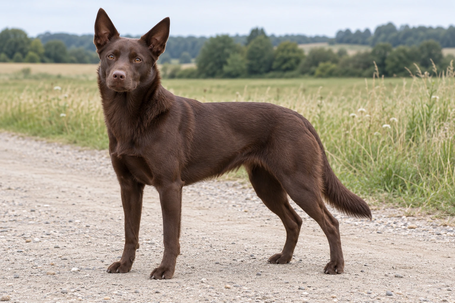 Chokoladebrun Australsk Kelpie med oprejste ører står på en lys markvej.