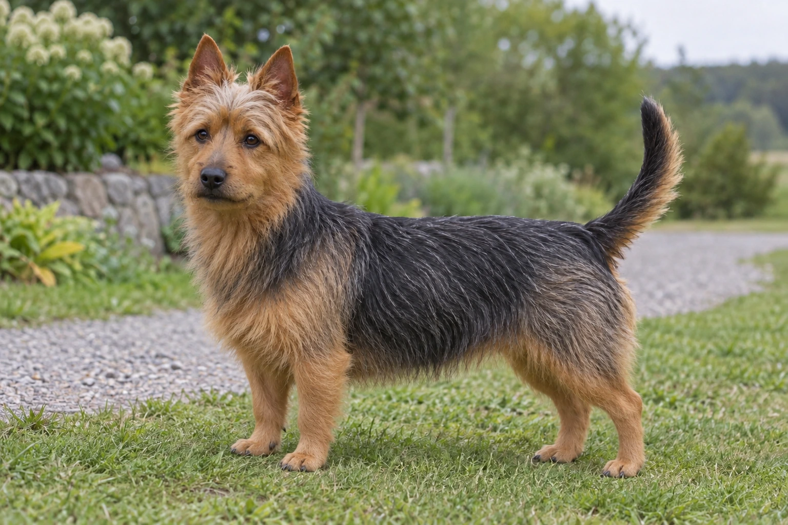 Australsk Terrier med ruhåret blå og tan pels, ståører og naturlig hale står på en havesti.