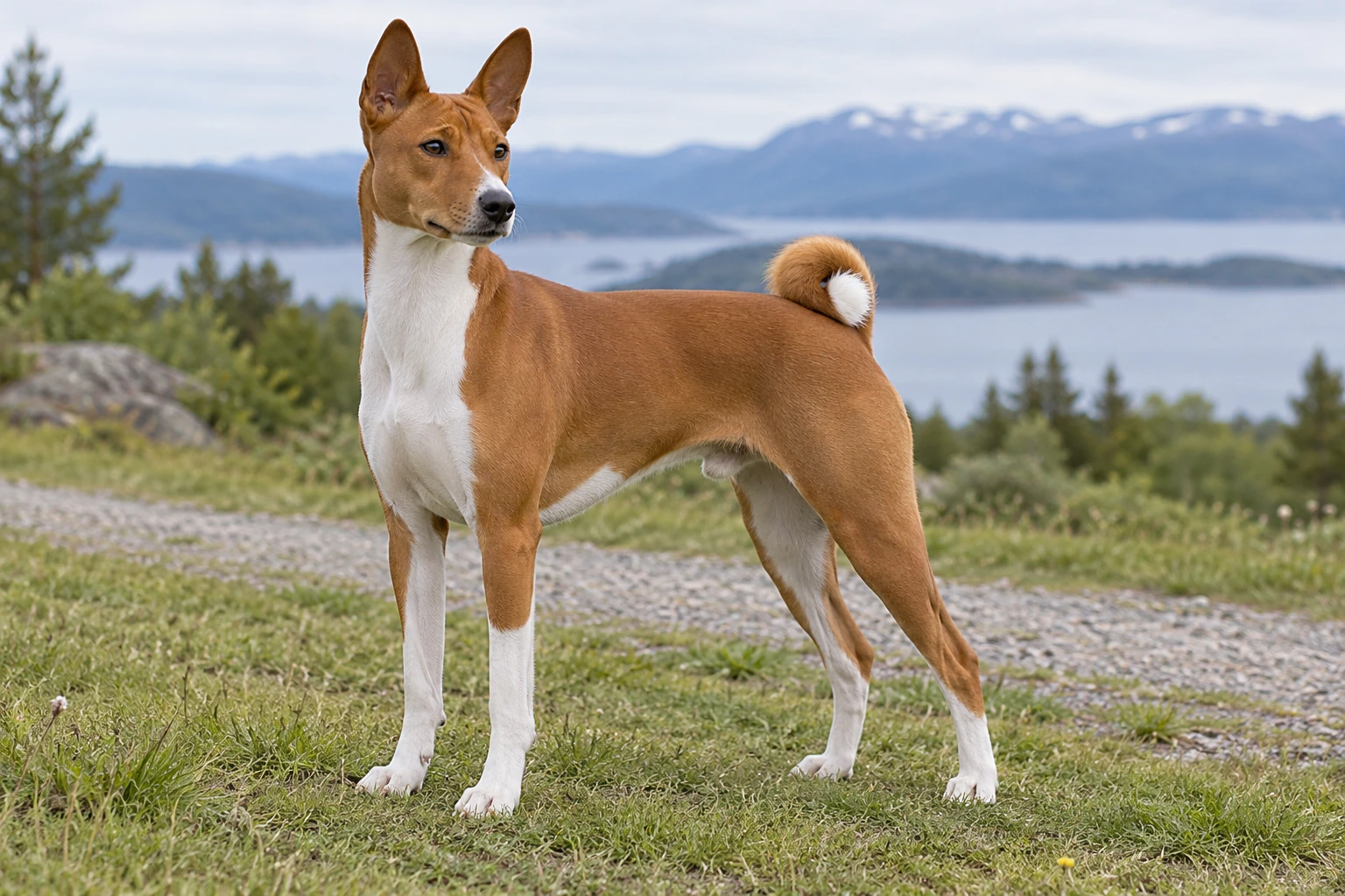 Rød og hvid Basenji med oprette ører og tæt krøllet hale står i en eng.