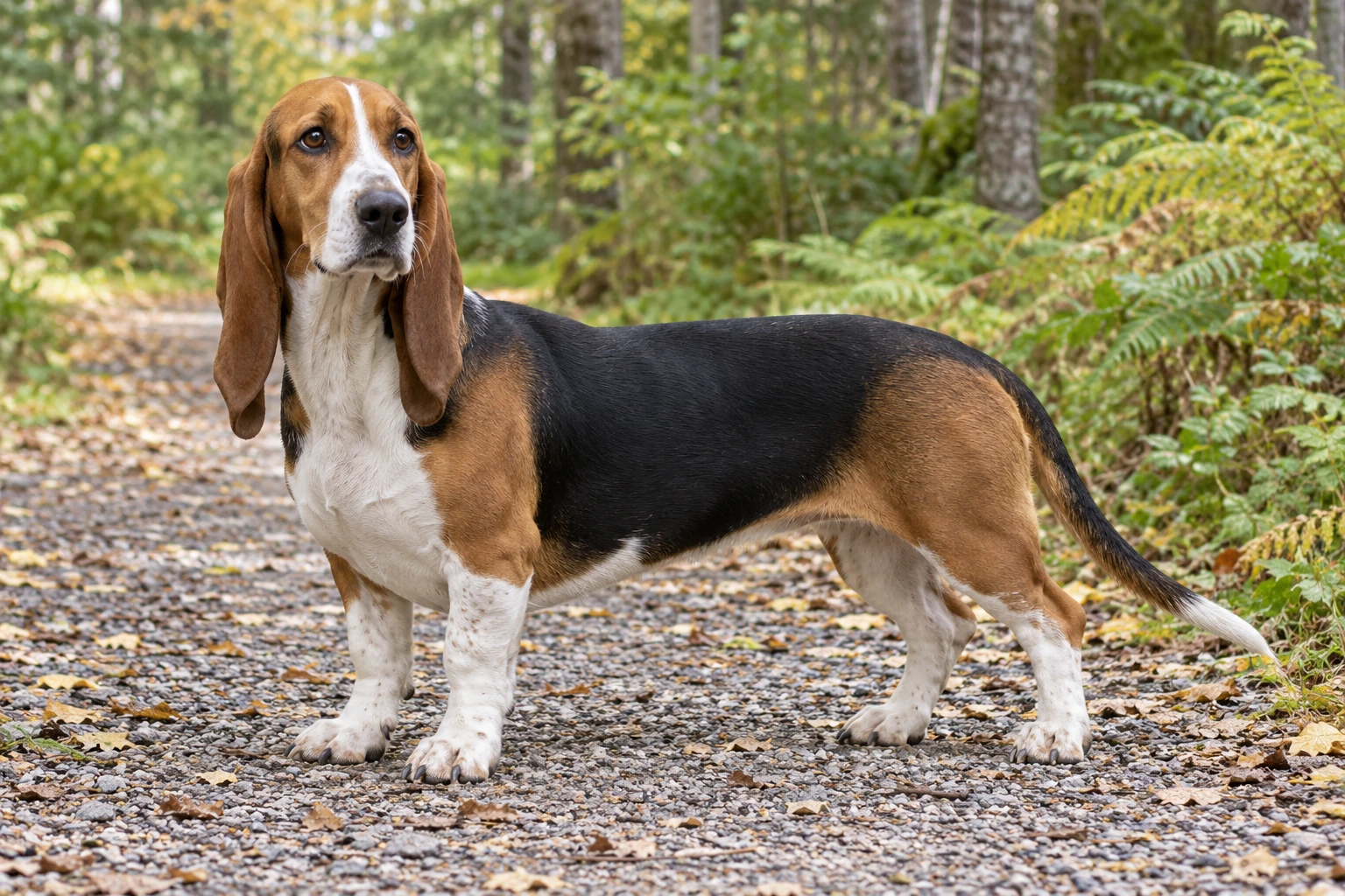 Trefarvet Basset Artésien Normand med lange hængeører står på en grussti i skoven.