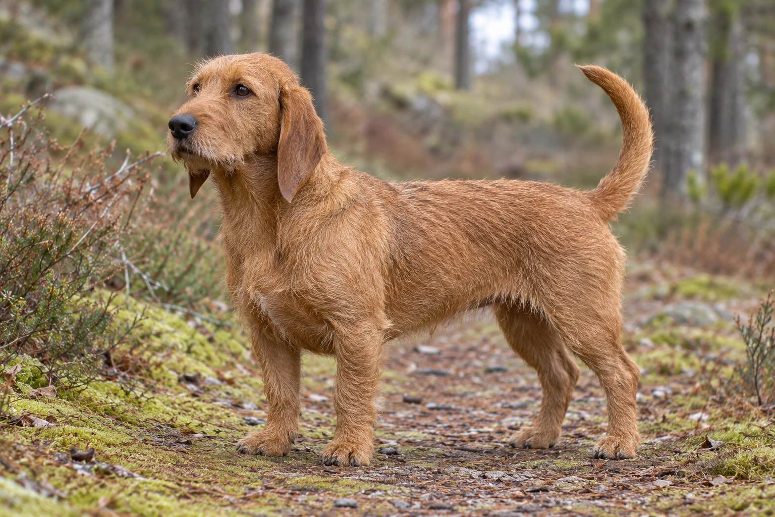 Rød-fawn Basset Fauve de Bretagne med ru pels og lange smalle ører står på en skovsti.