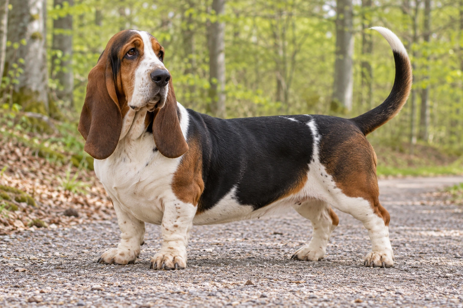 Trefarvet Basset Hound med lange hængeører står på en skovsti.