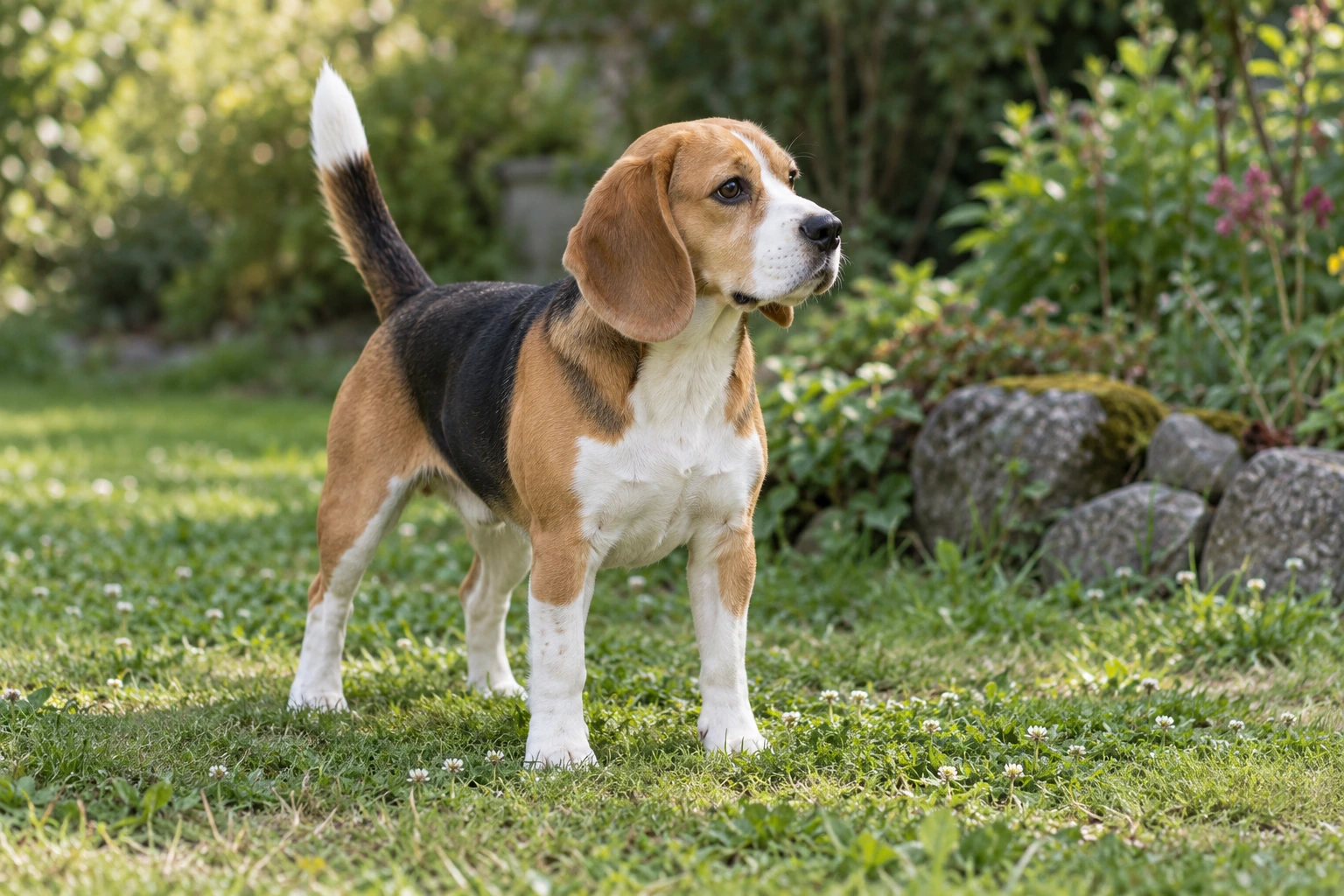 Trefarvet voksen Beagle står i en grøn have