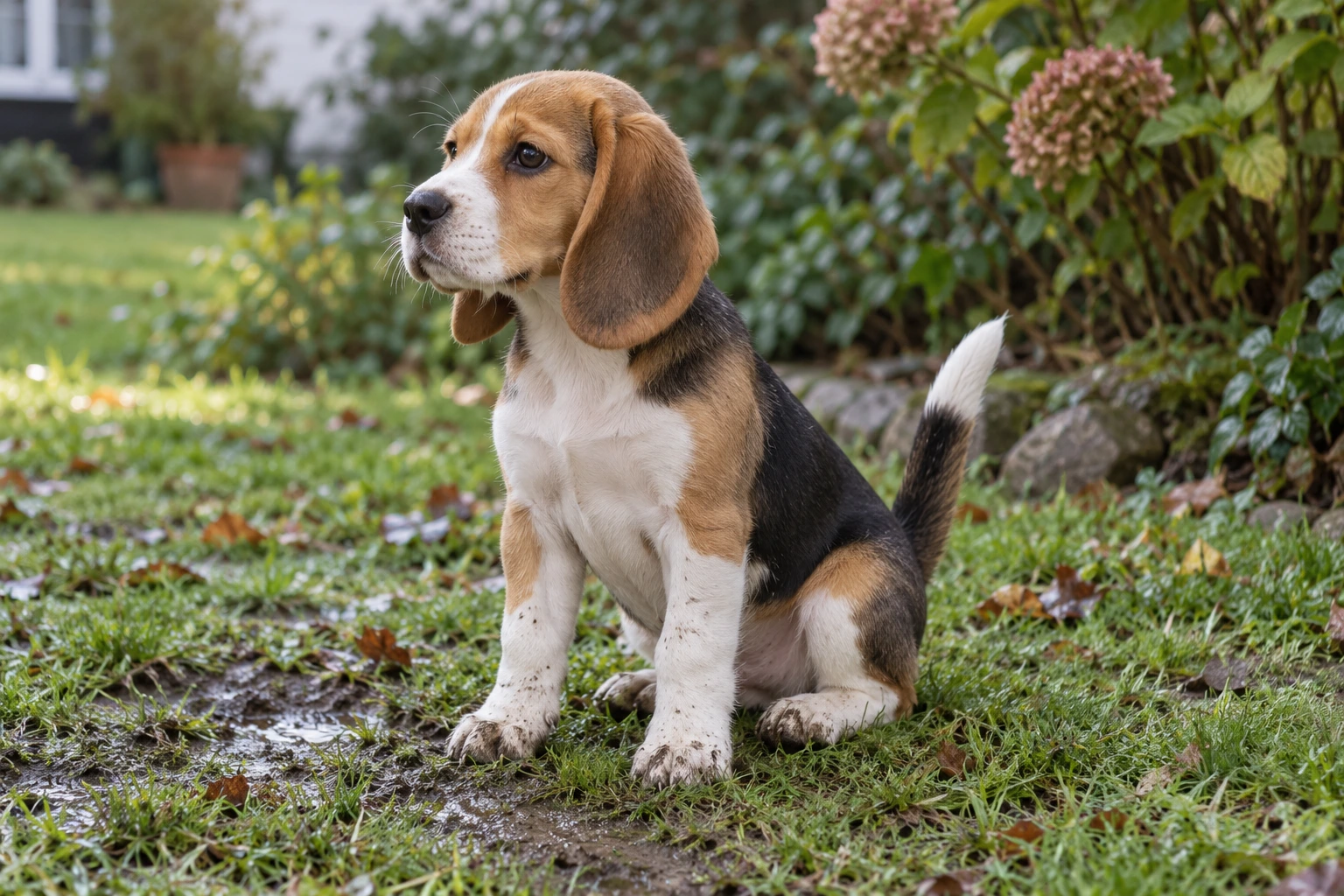 Hvalp af racen Beagle, ca. 12 uger, i et nordisk hverdagsmiljø