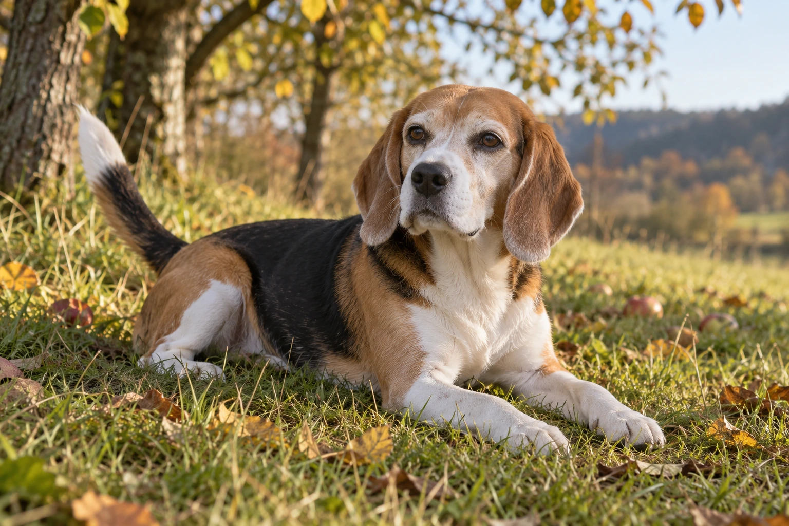Senior af racen Beagle, ca. 10 år, i et nordisk hverdagsmiljø
