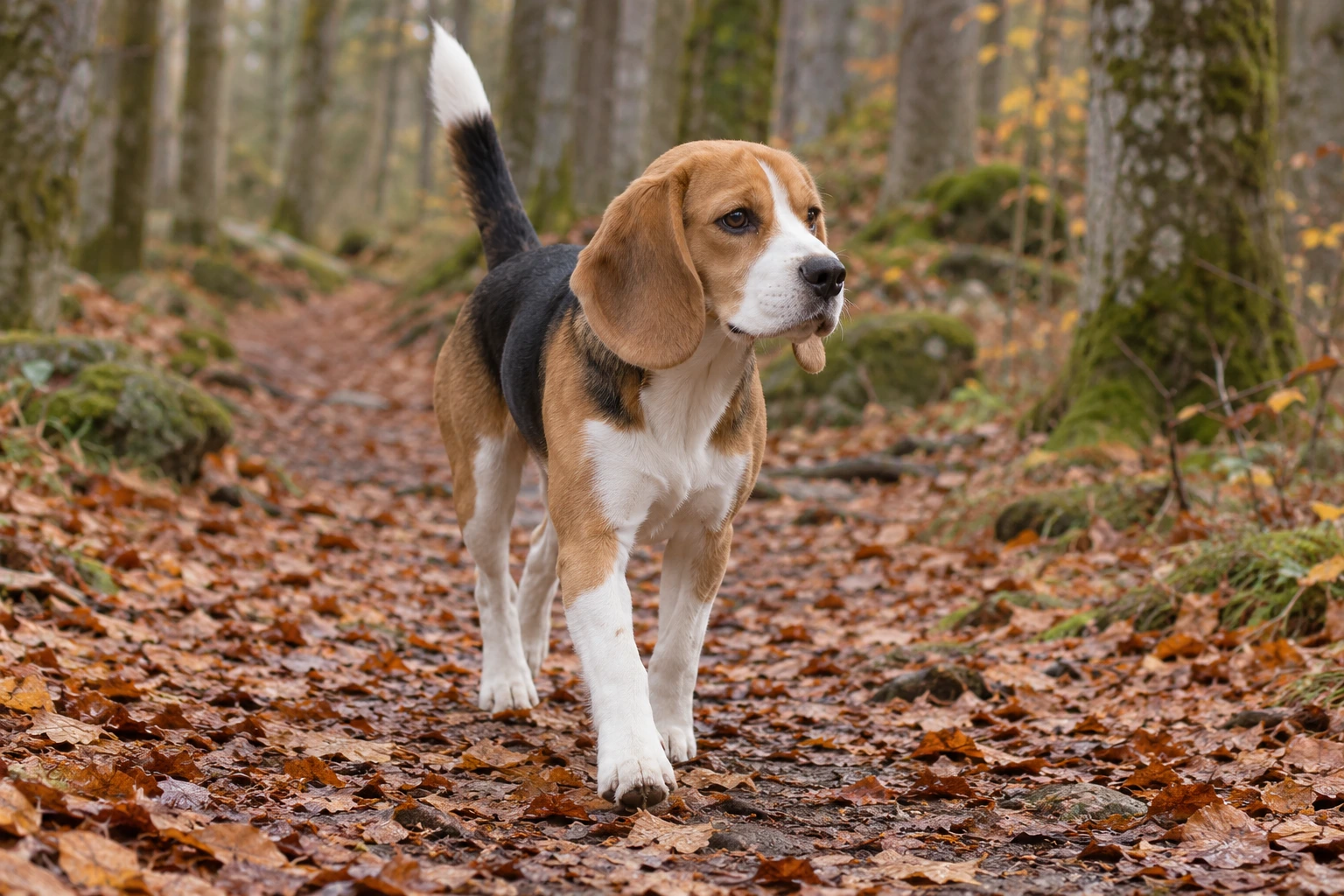 Unghund af racen Beagle, ca. 9 måneder, i et nordisk hverdagsmiljø