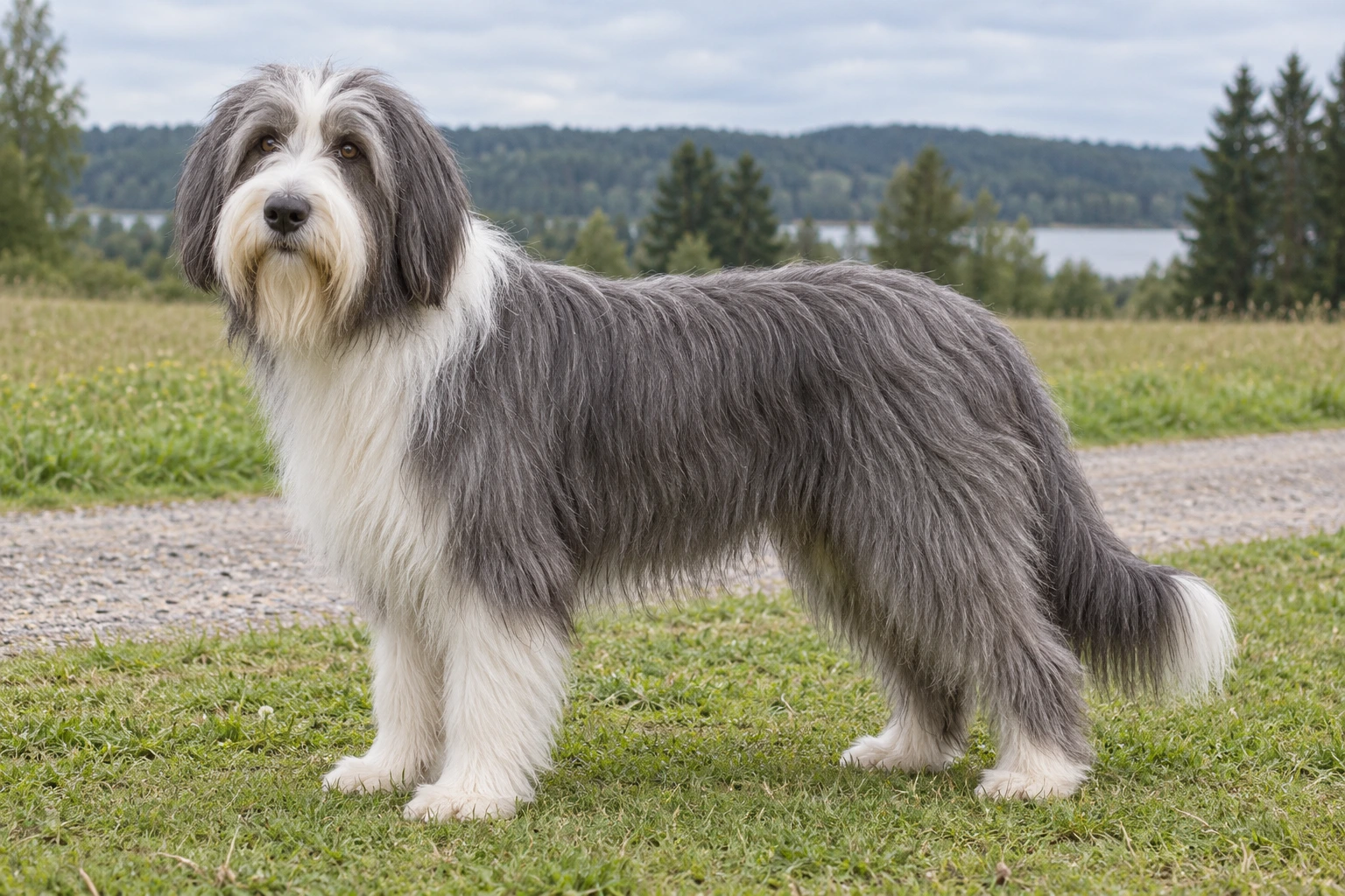 Voksen Bearded Collie med naturlige ører og hale står ved en engsti.
