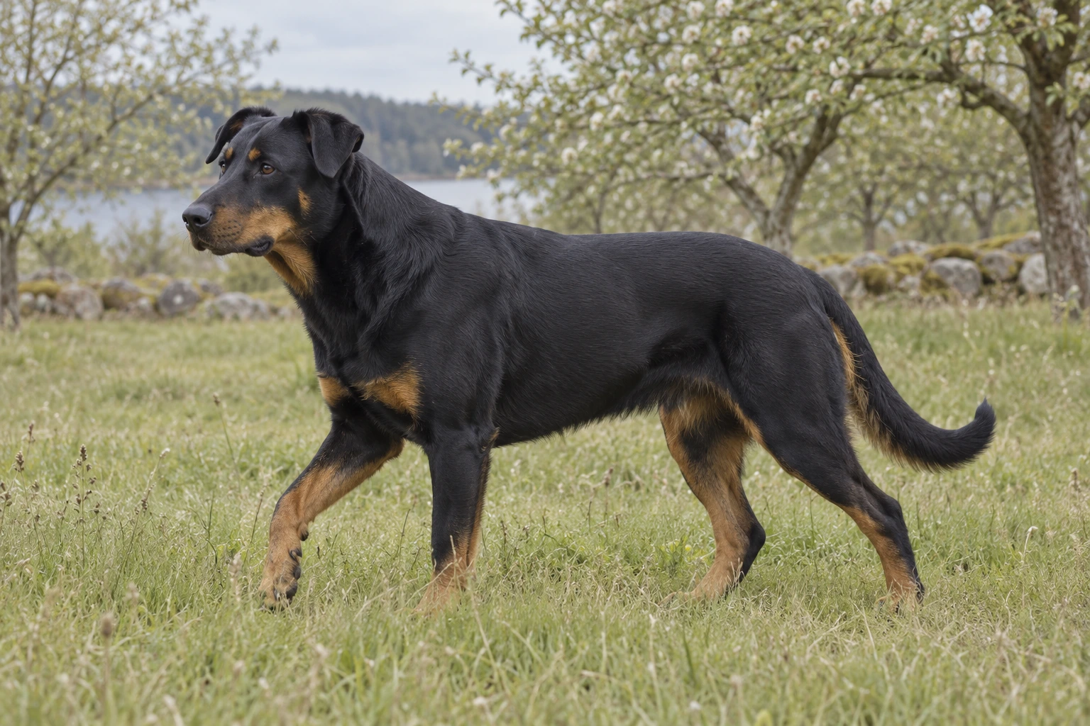 Sort og tan Beauceron med naturlige foldede ører og lav J-formet hale står på en grussti.