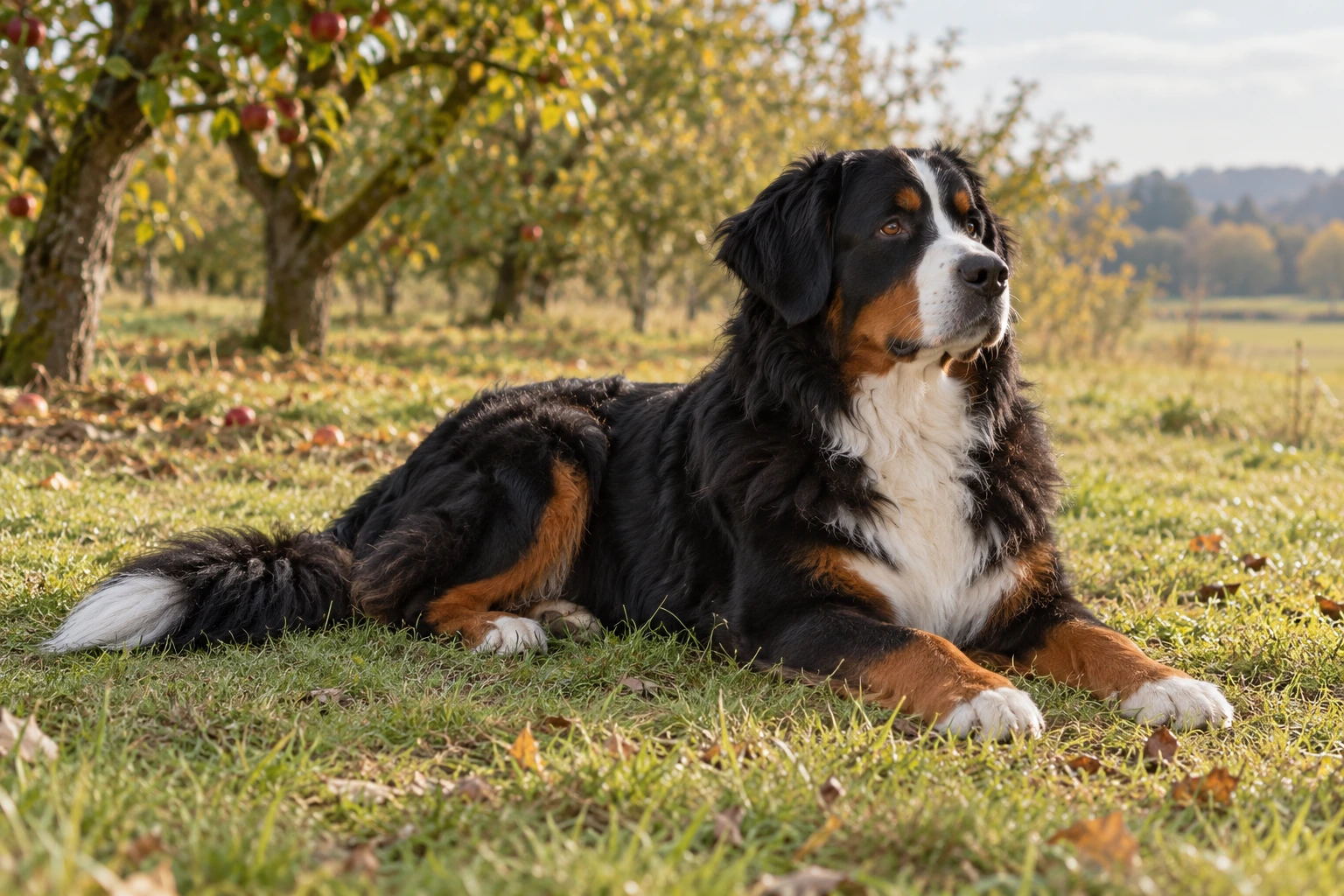 Voksen Berner Sennenhund ligger i en frugthave