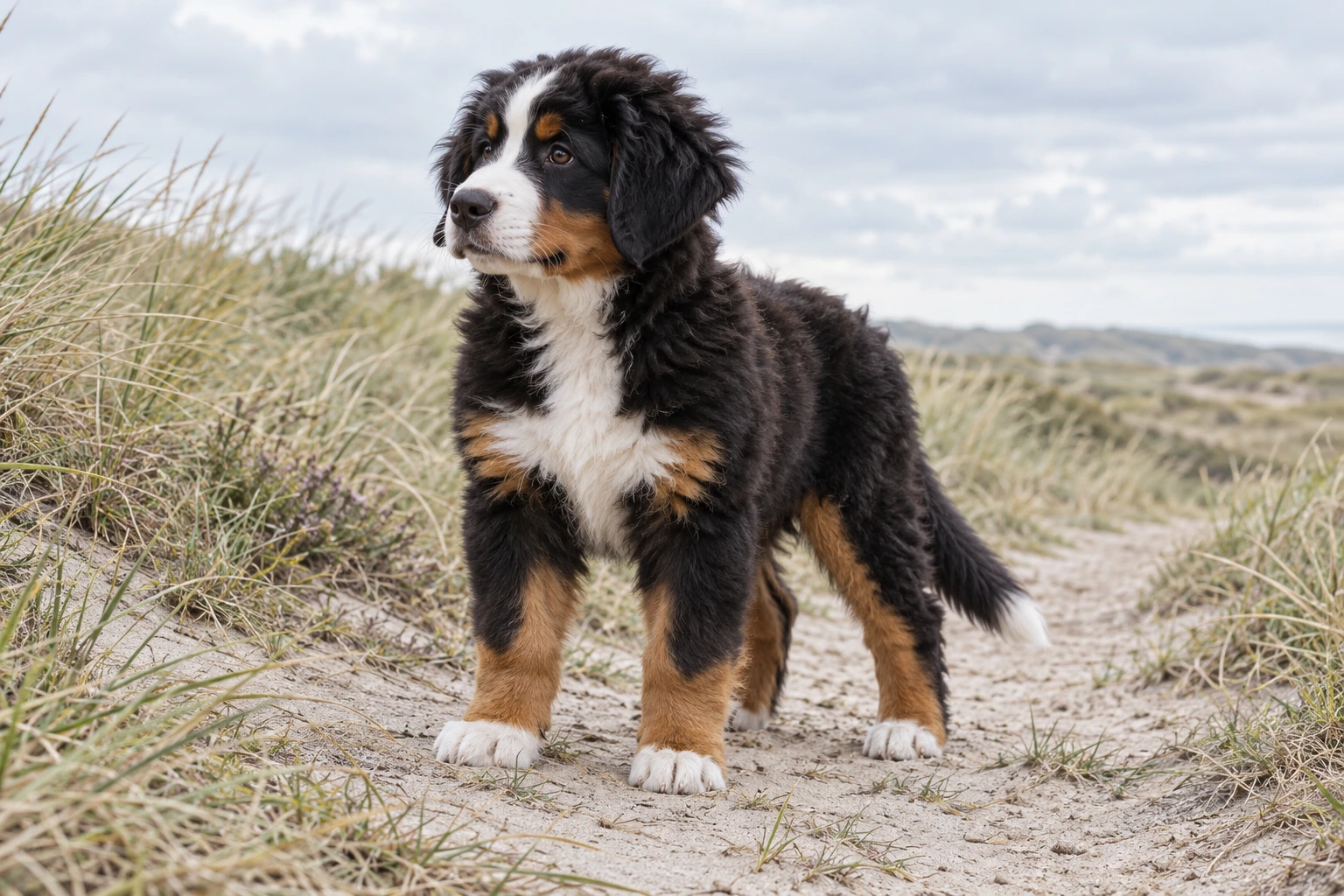 Hvalp af racen Berner Sennenhund, ca. 12 uger, i et nordisk hverdagsmiljø