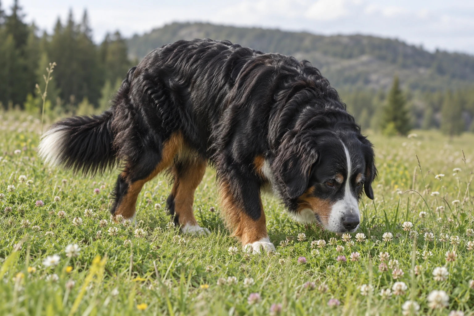 Senior af racen Berner Sennenhund, ca. 10 år, i et nordisk hverdagsmiljø