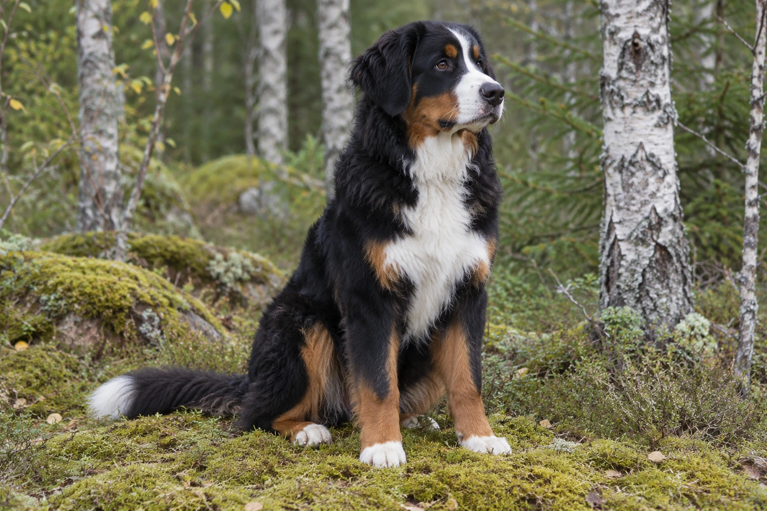Unghund af racen Berner Sennenhund, ca. 9 måneder, i et nordisk hverdagsmiljø