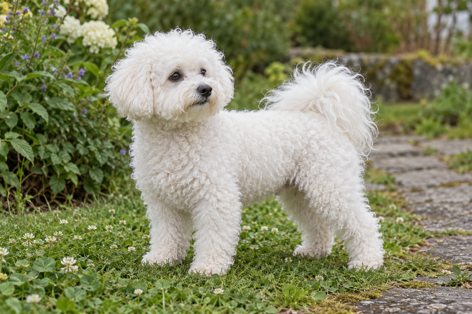 Voksen Bichon Frisé i et naturligt nordisk udemiljø