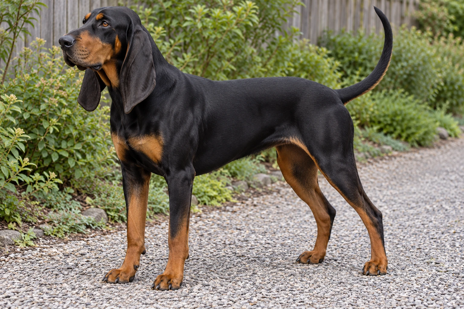 Voksen Black and Tan Coonhound med rustrøde aftegn, lange naturlige hængeører og fuld hale