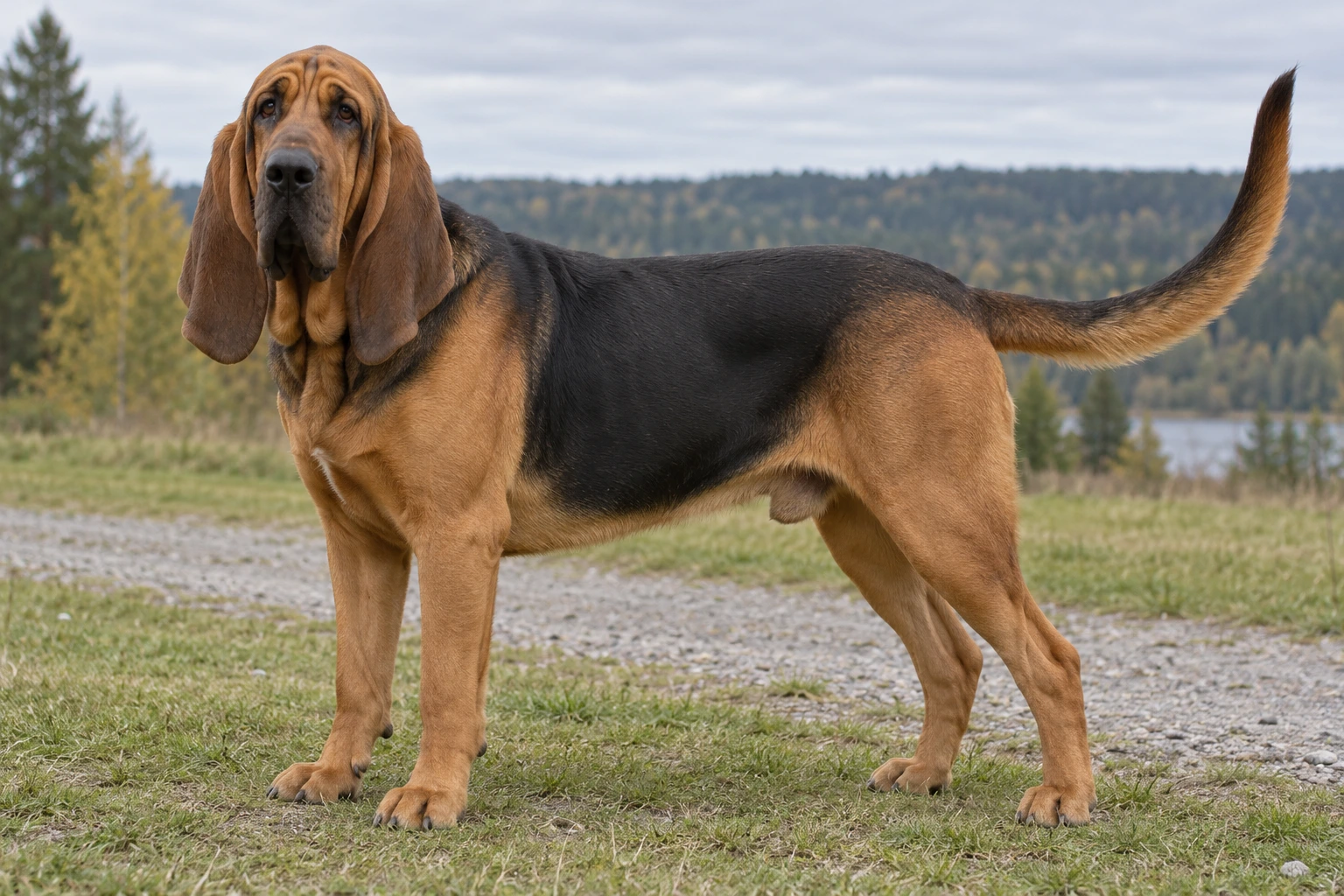 Voksen Blodhund med naturlige ører og hale står ved en engsti.