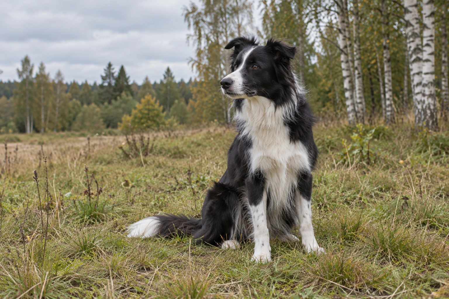 Sort og hvid voksen Border Collie sidder i en eng
