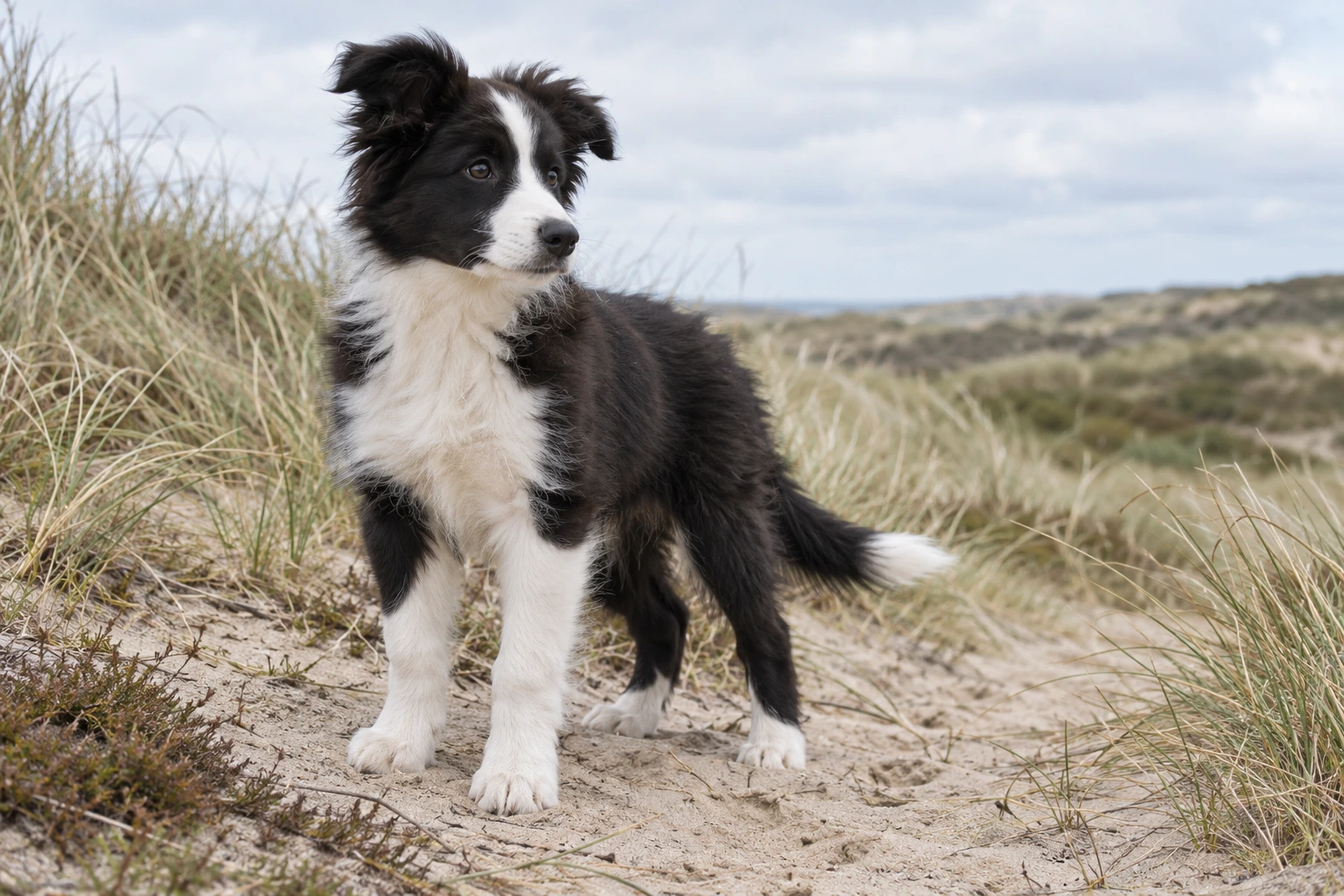 Hvalp af racen Border Collie, ca. 12 uger, i et nordisk hverdagsmiljø