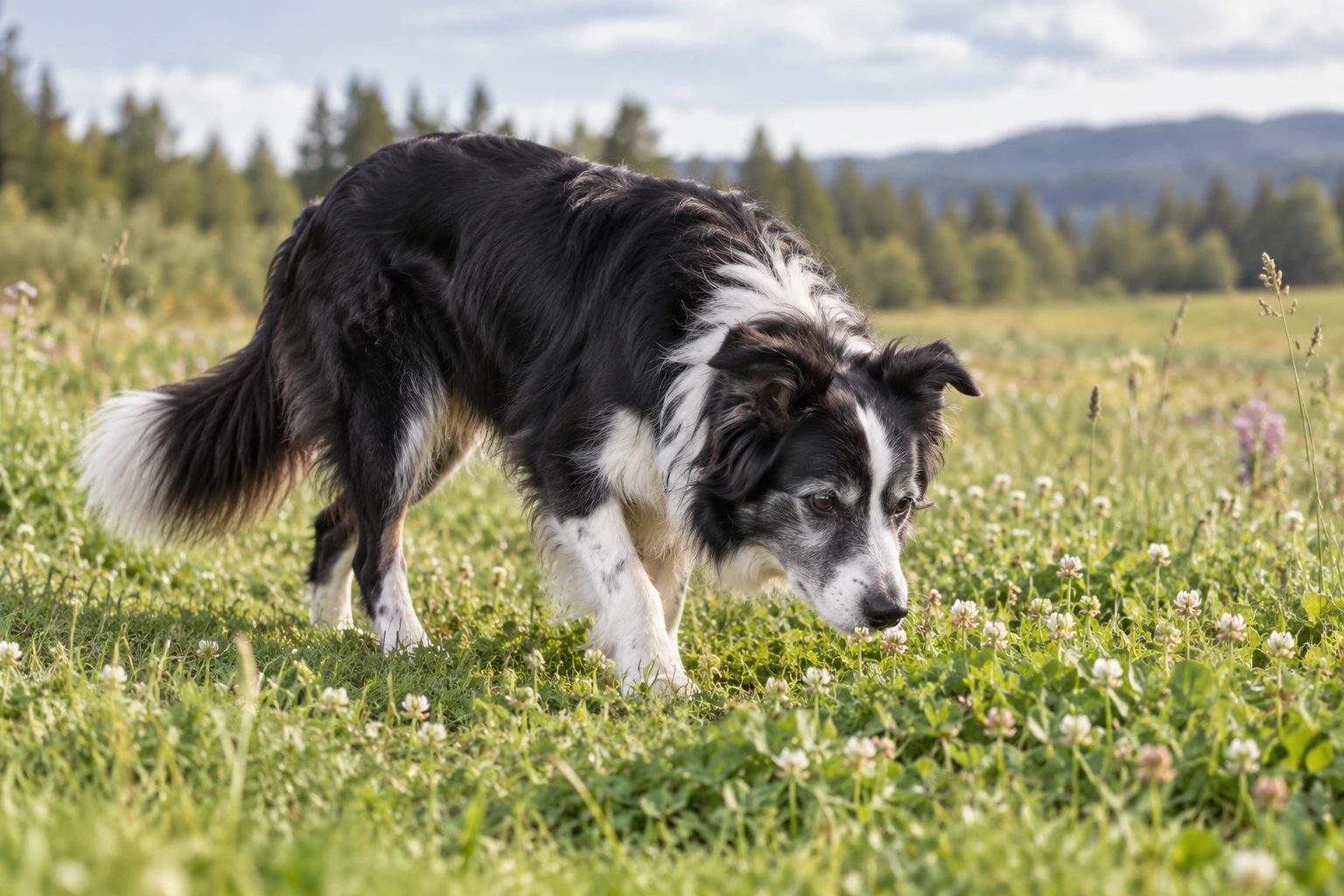 Senior af racen Border Collie, ca. 10 år, i et nordisk hverdagsmiljø