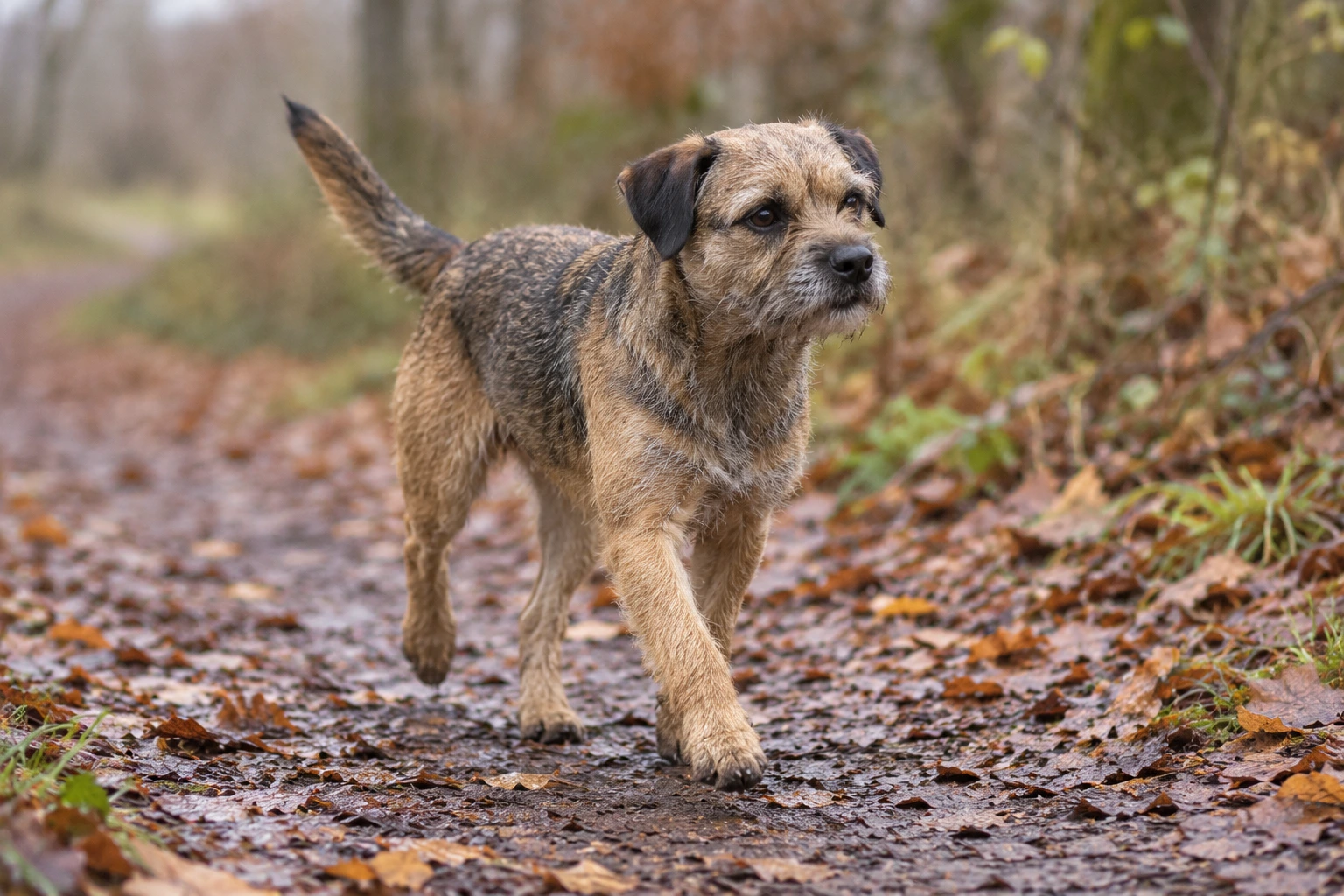 Voksen Border Terrier traver på en løvdækket sti