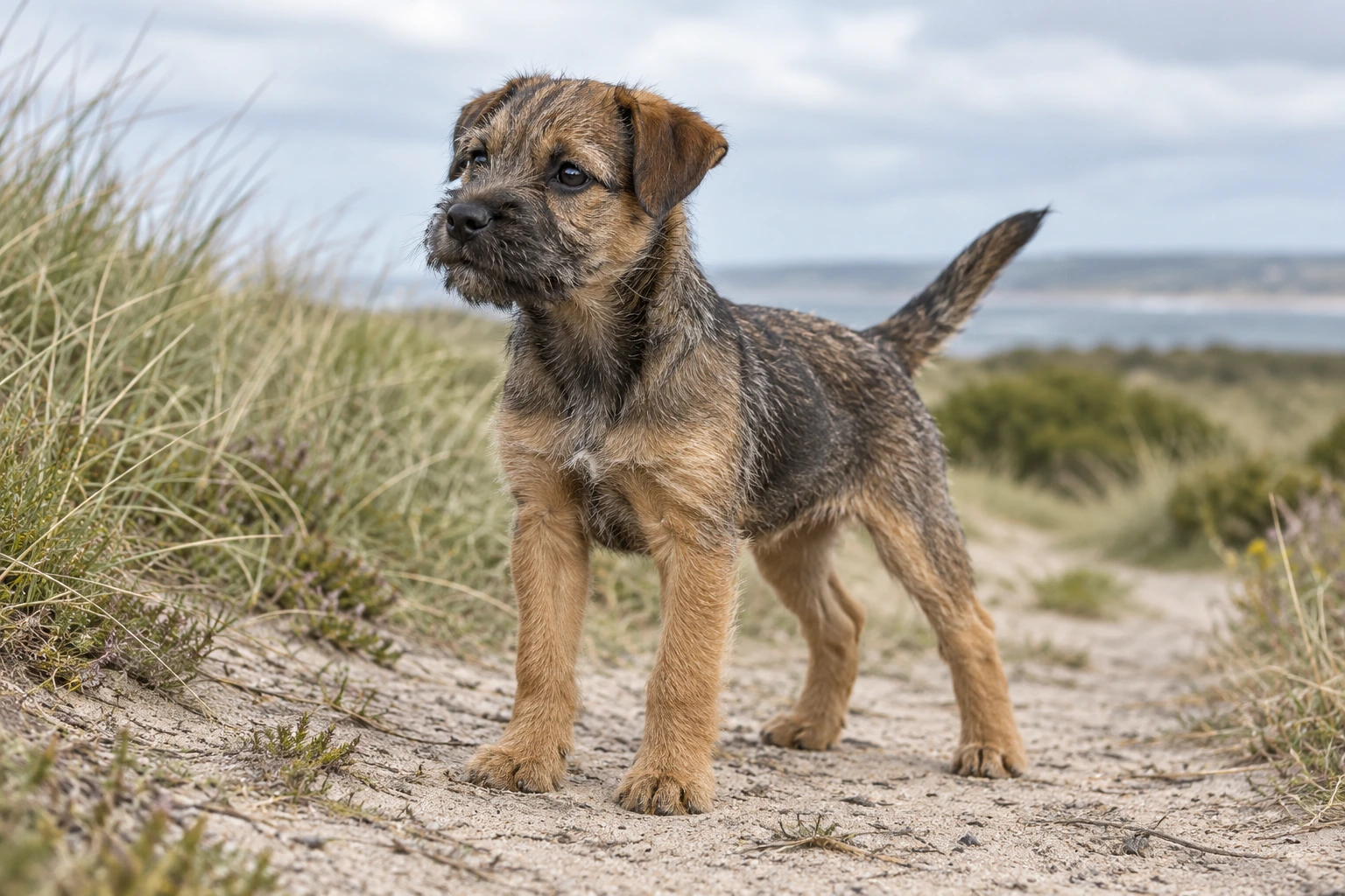 Hvalp af racen Border Terrier, ca. 12 uger, i et nordisk hverdagsmiljø
