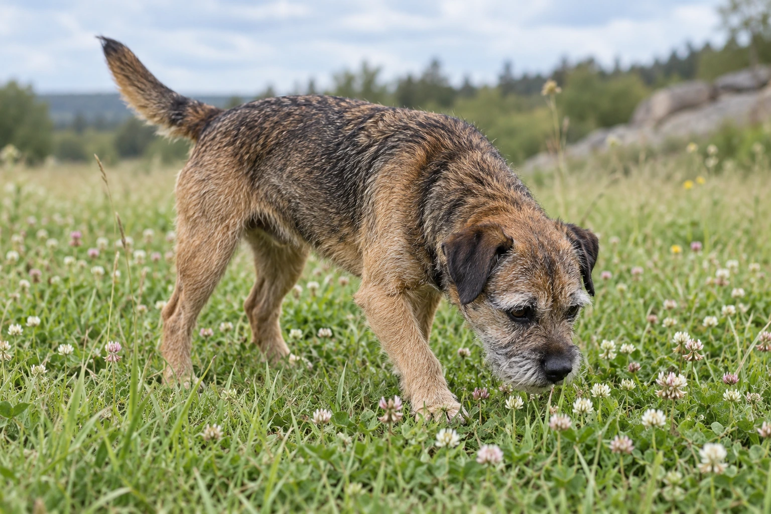 Senior af racen Border Terrier, ca. 10 år, i et nordisk hverdagsmiljø