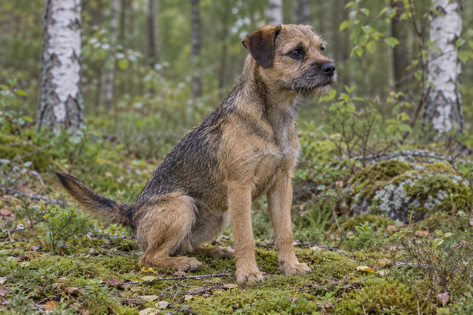 Unghund af racen Border Terrier, ca. 9 måneder, i et nordisk hverdagsmiljø