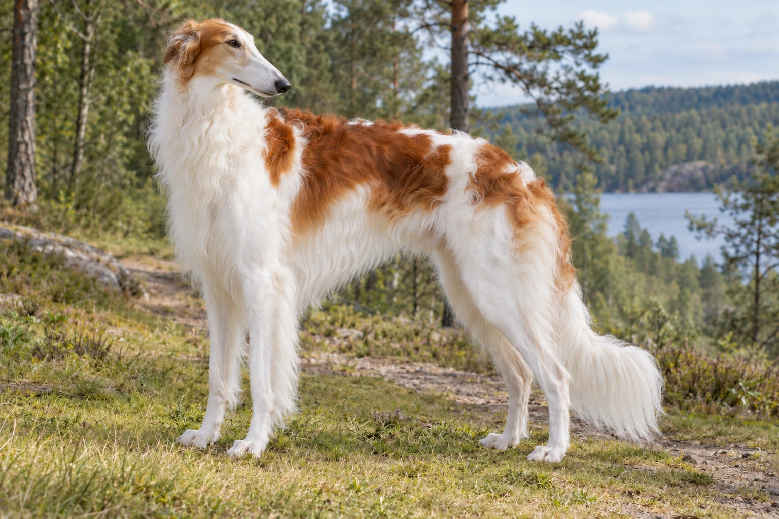 Hvid og rød Borzoi med lang bølget pels og lav fanehale står ved skoven.
