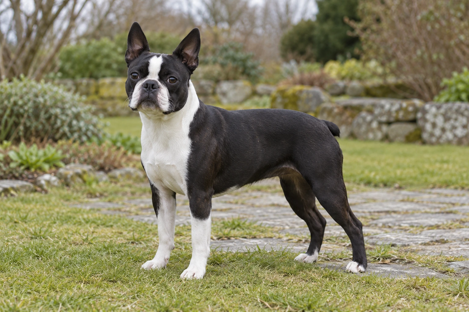 Voksen Boston Terrier i et naturligt nordisk udemiljø