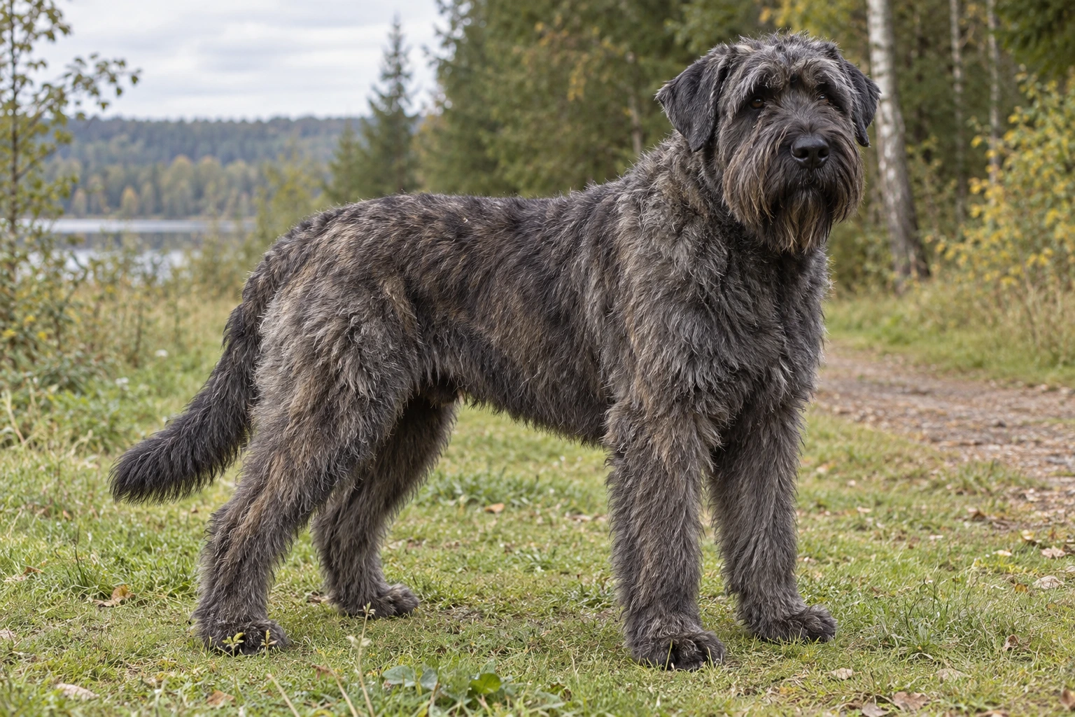 Gråbrindle Bouvier des Flandres med strid pels, skæg og naturlige hængeører står ved skoven.