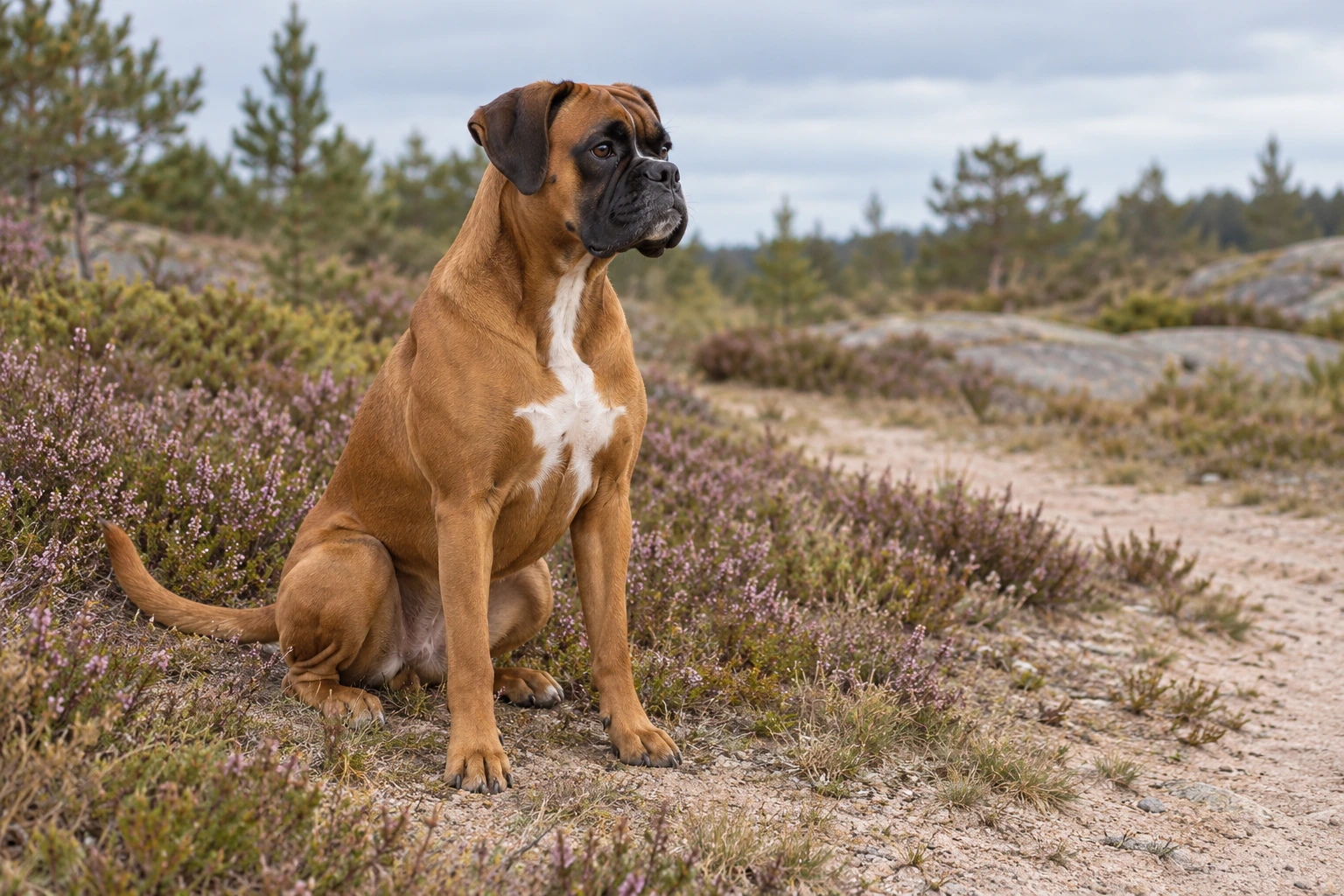 Fawn voksen Boxer sidder i et hedelandskab
