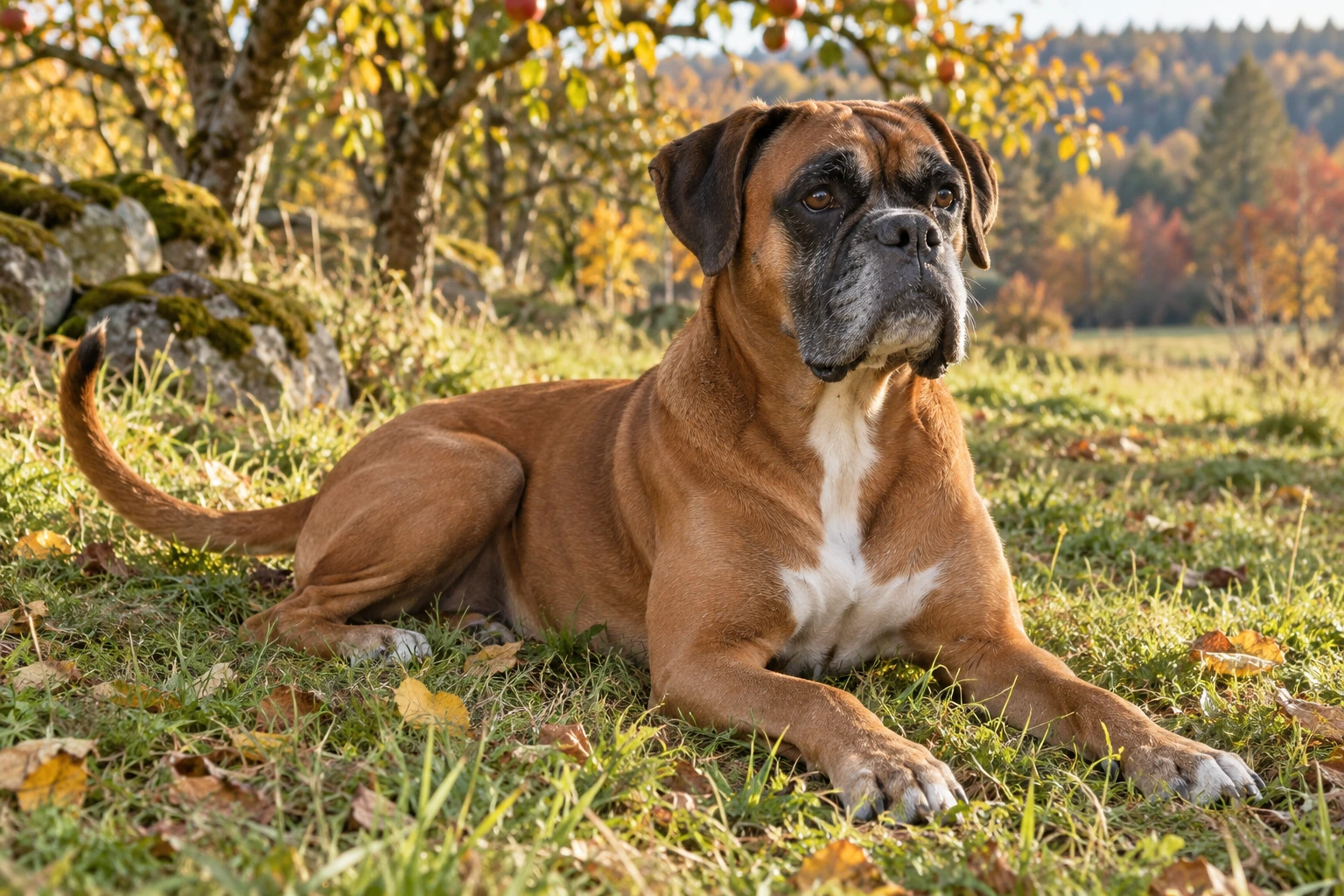 Senior af racen Boxer, ca. 10 år, i et nordisk hverdagsmiljø