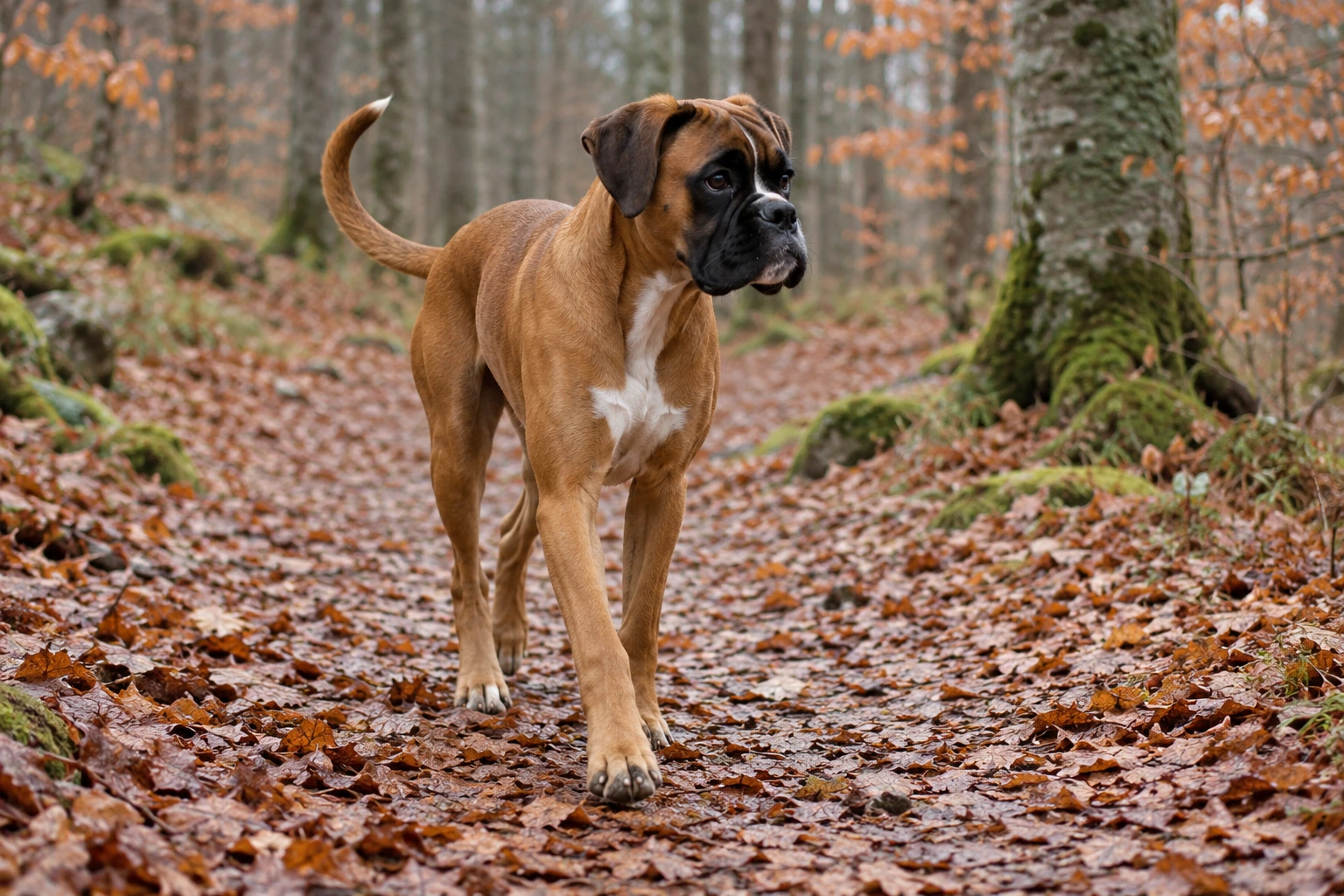 Unghund af racen Boxer, ca. 9 måneder, i et nordisk hverdagsmiljø