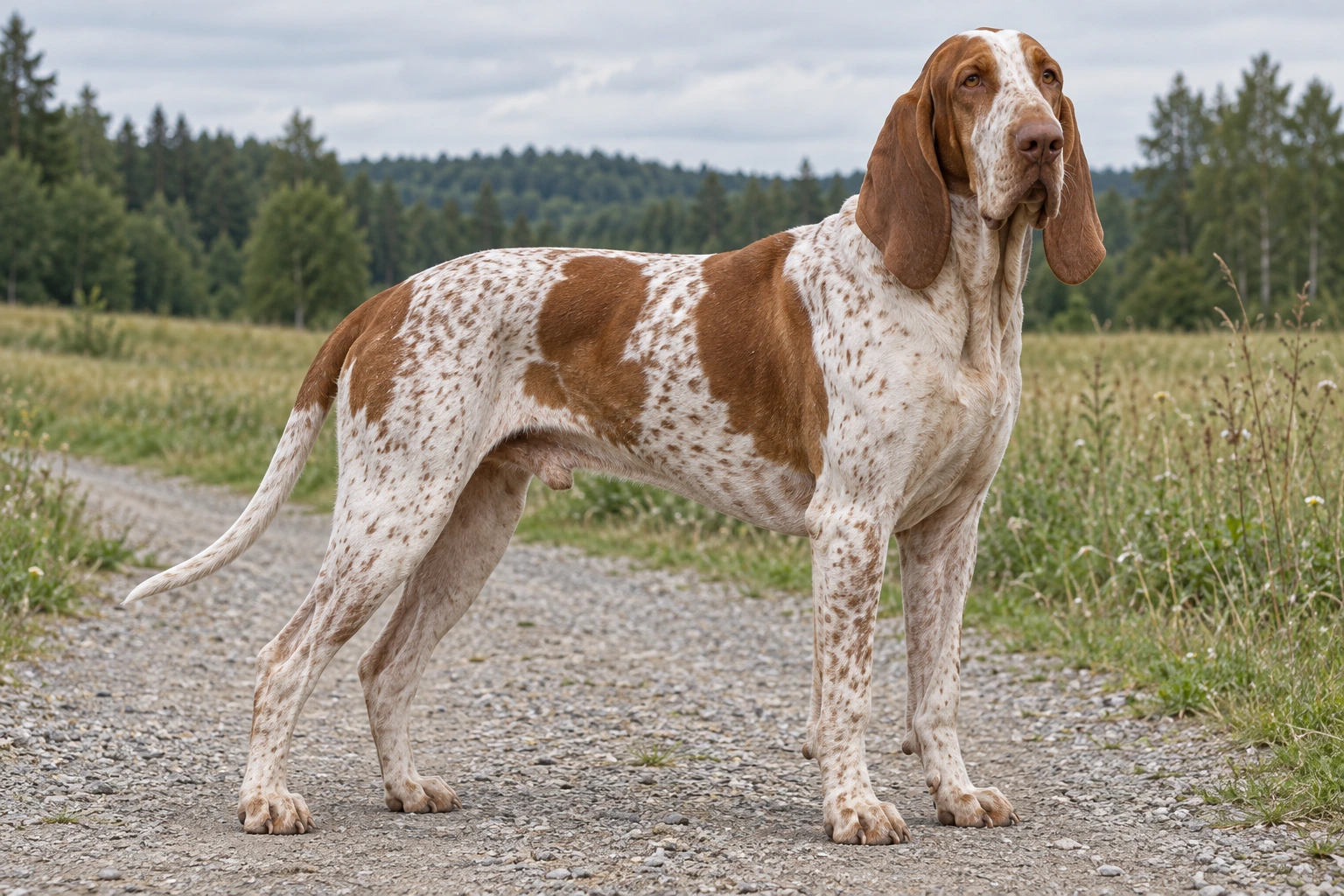 Hvid og kastanjebrun Bracco Italiano med lange hængeører og naturlig hale står på en sti.