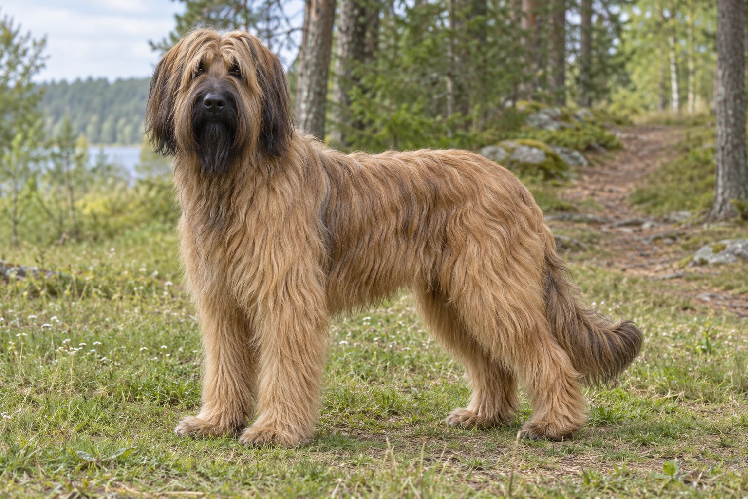 Fawn Briard med lang tør pels og naturlig lav J-formet hale står på en skovsti.