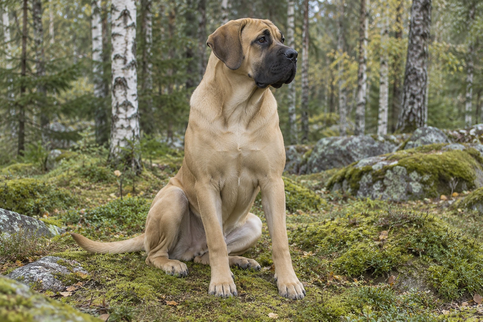 Unghund af racen Broholmer, ca. 9 måneder, i et nordisk hverdagsmiljø